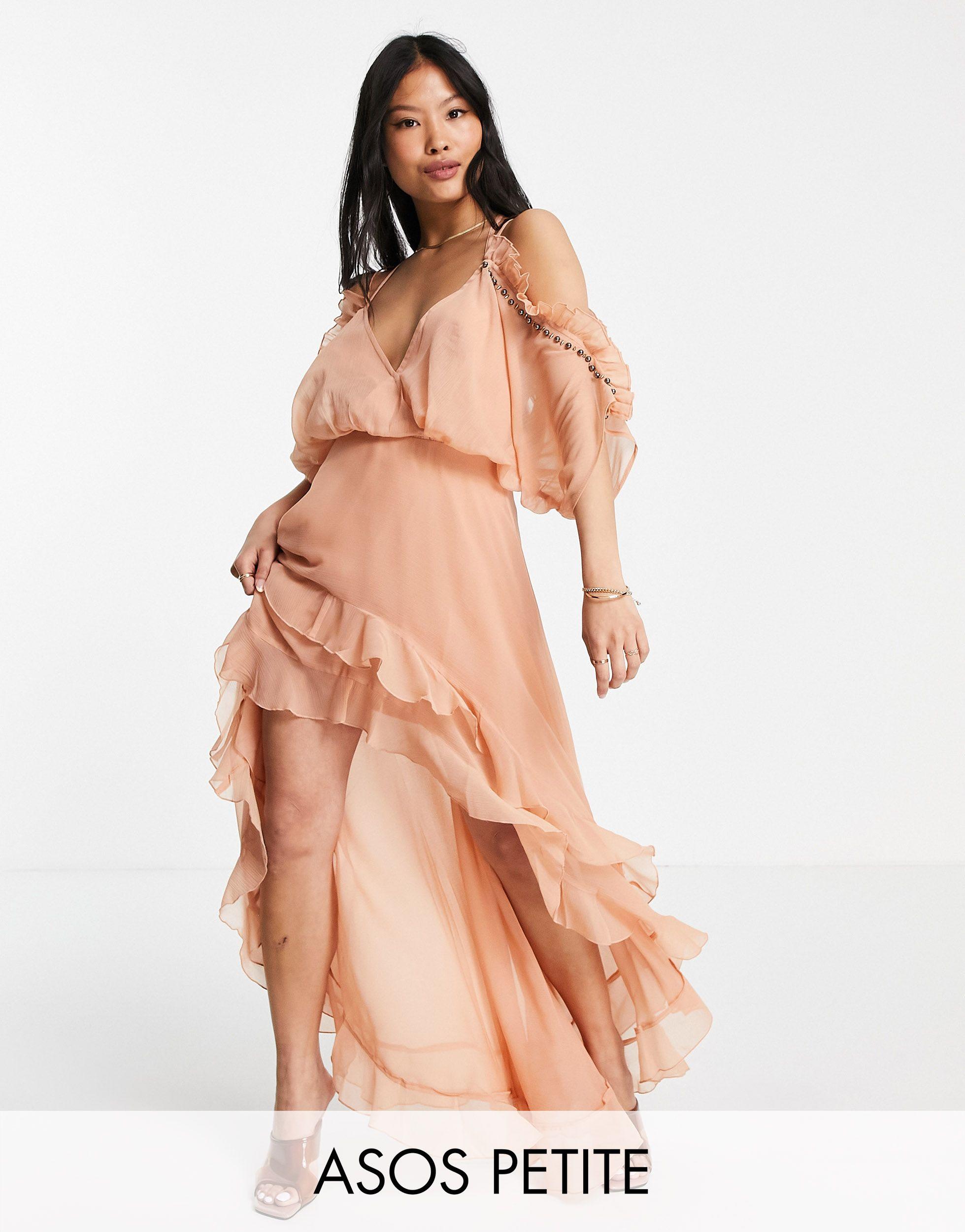 asos design dipped hem maxi dress with 3d embellishment and ruffle sleeve