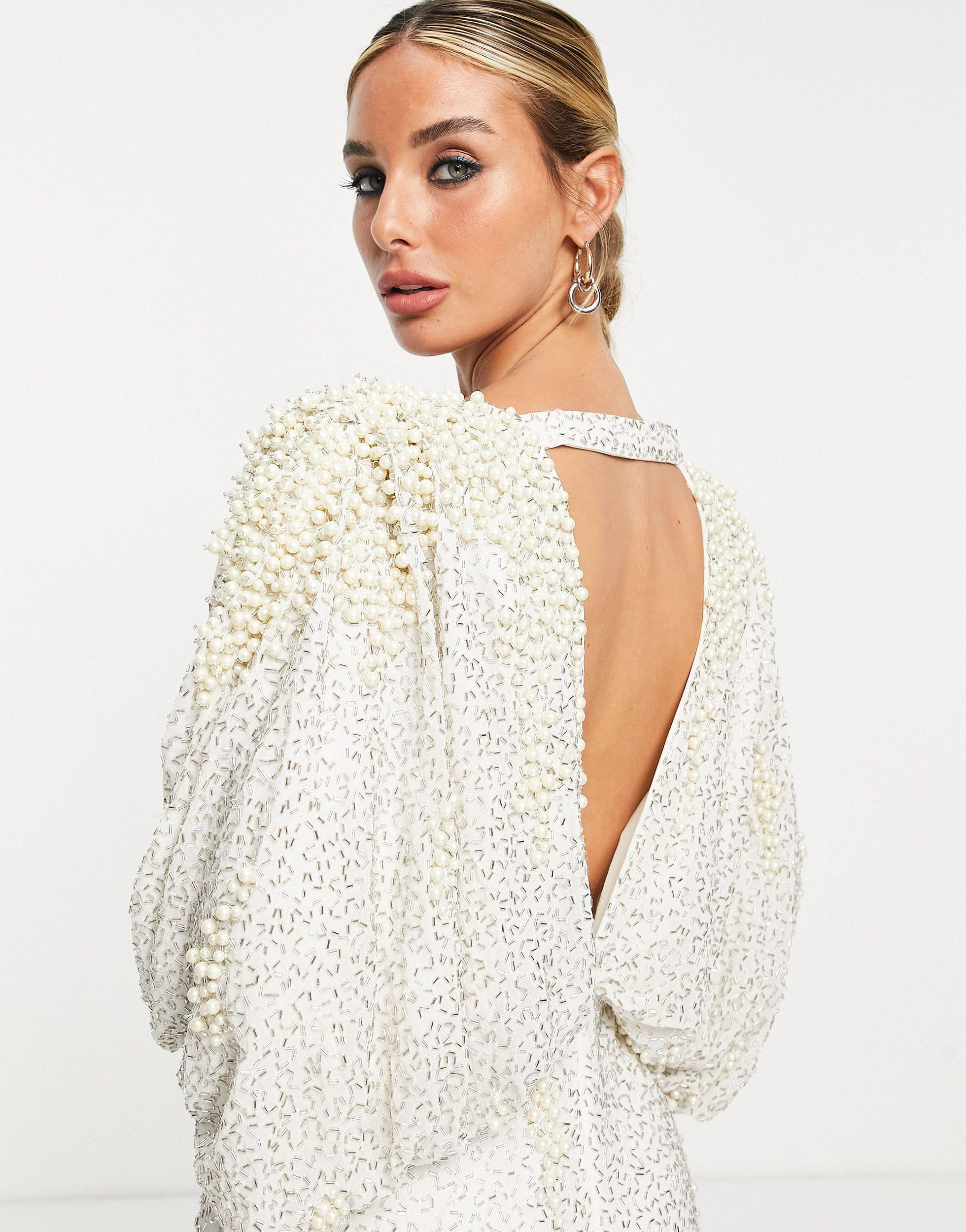 ASOS Embellished Pearl Batwing Sleeve Maxi Dress-white | Lyst UK