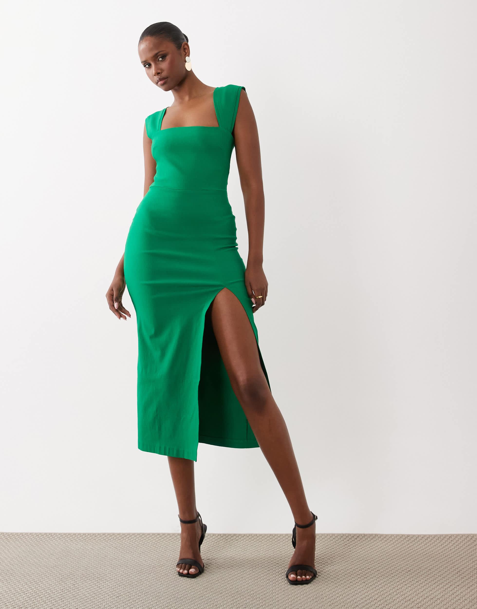 vesper green dress Vesper bengaline Square Neck Thigh Split Midi Dress in emerald-Green