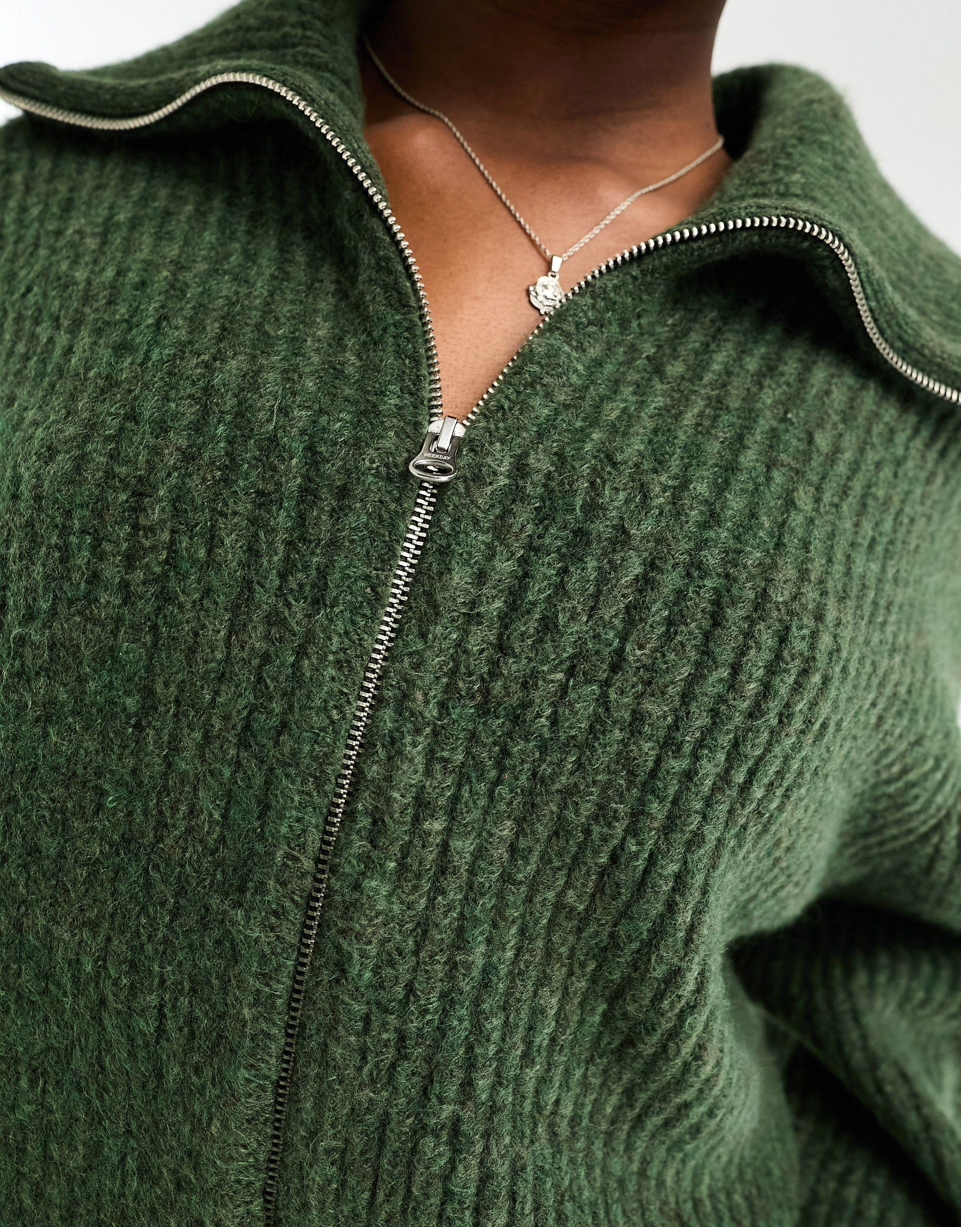 Weekday Bea Zip Through High Neck Cardigan in Green Lyst
