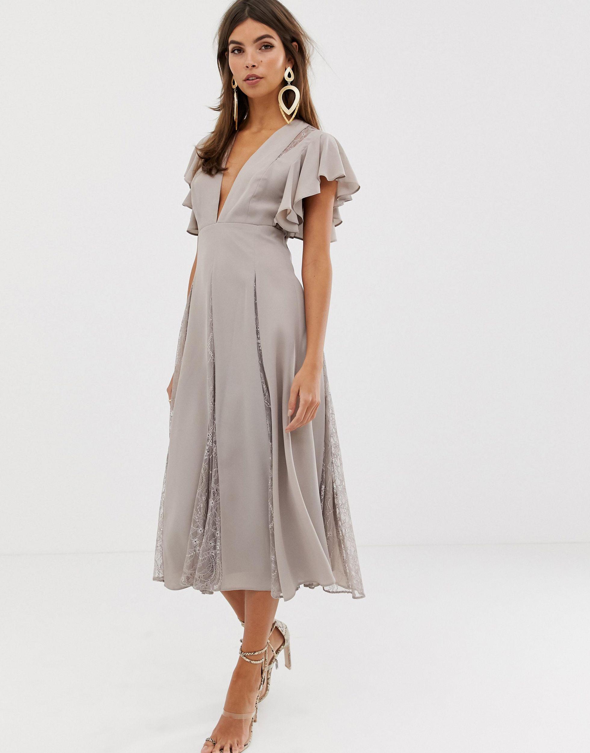 ASOS Midi Dress With Lace Godet Panels in Gray | Lyst