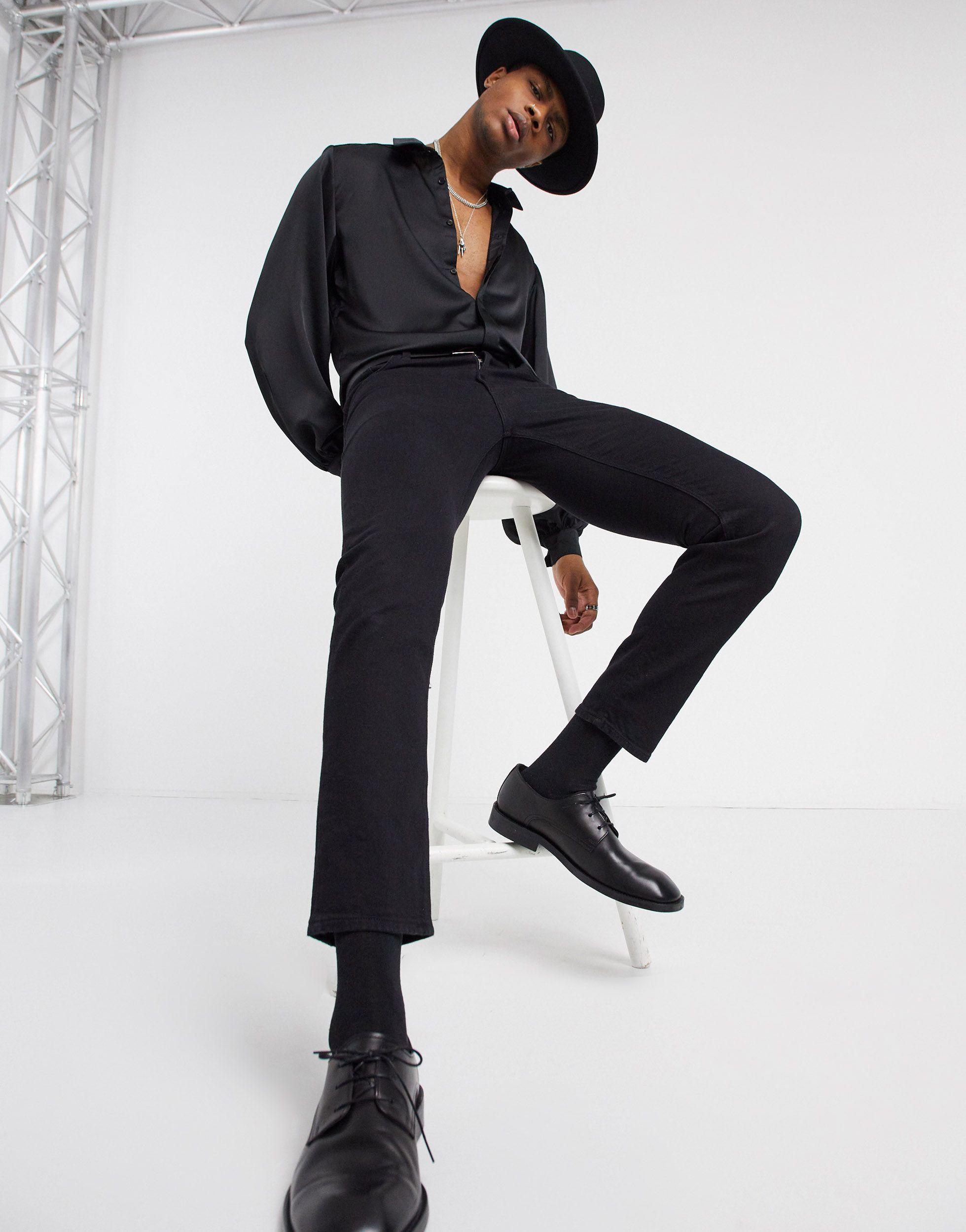 long sleeve black satin shirt
