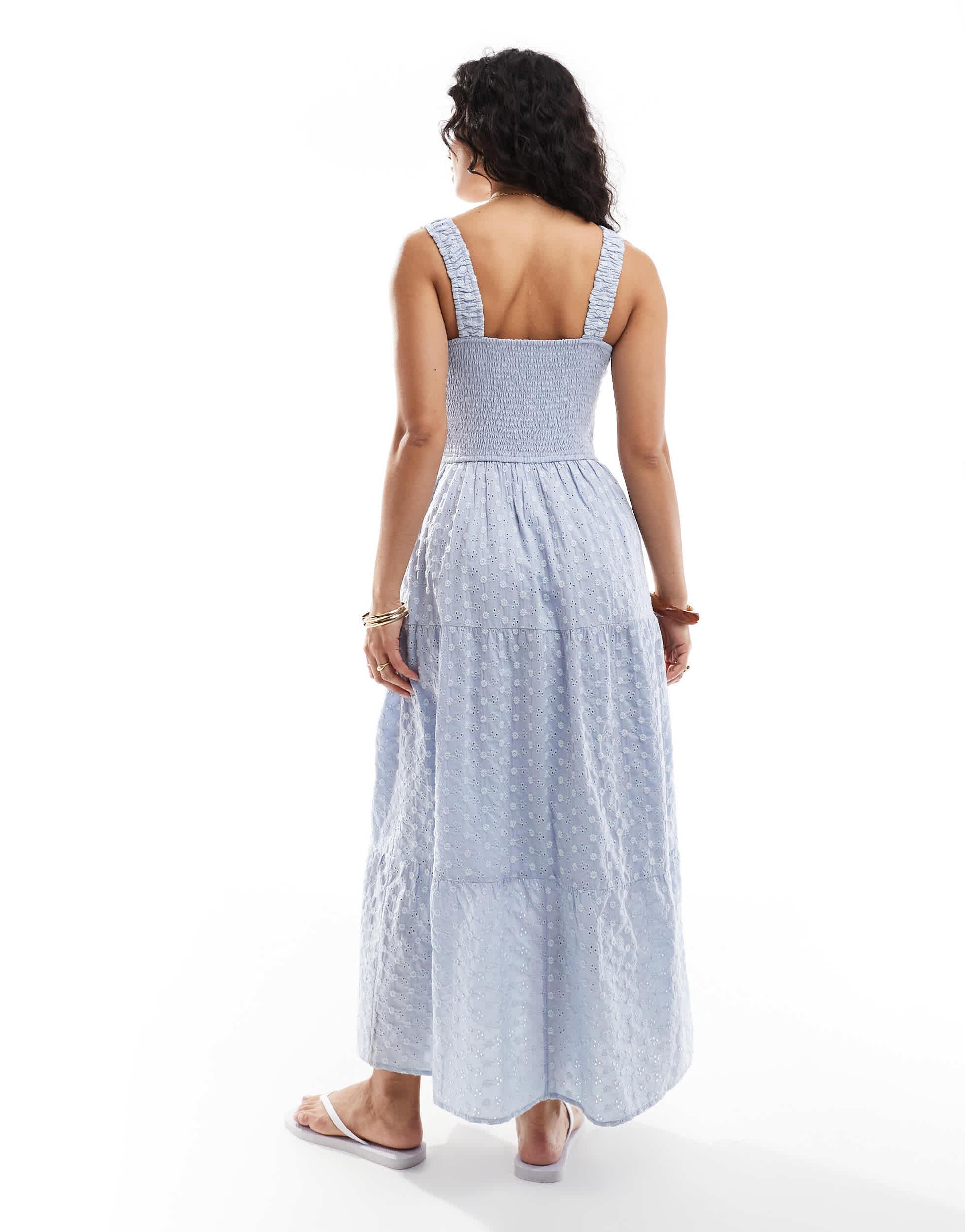 sachin and babi light blue dress Hollister Embroidered Eyelet Detail Shirred Bust Maxi Dress With Thigh  Split in White main image 0
