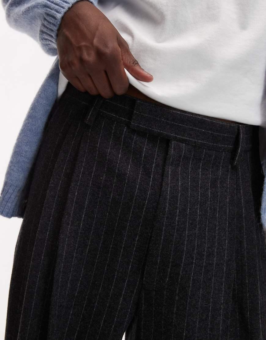 TOPMAN Premium Wide Leg Pinstripe Wool Blend Trouser in White for