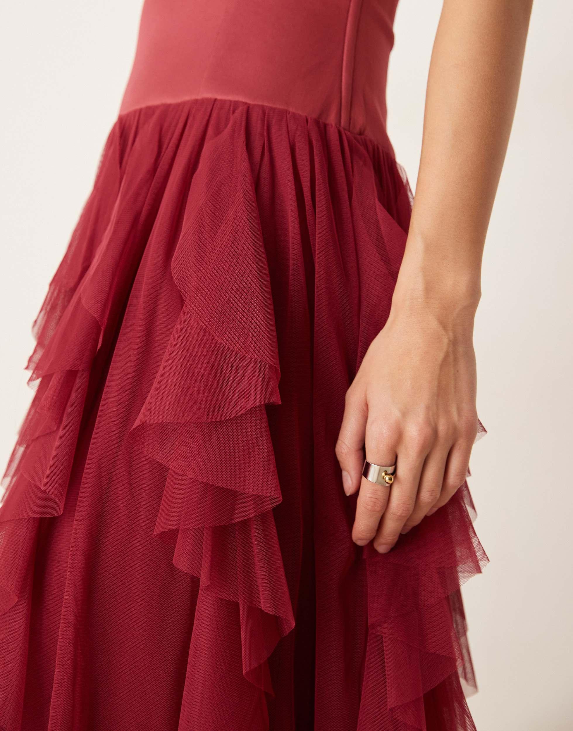 LACE & BEADS Bandeau Tulle Ruffle Detail Maxi Dress in Red | Lyst