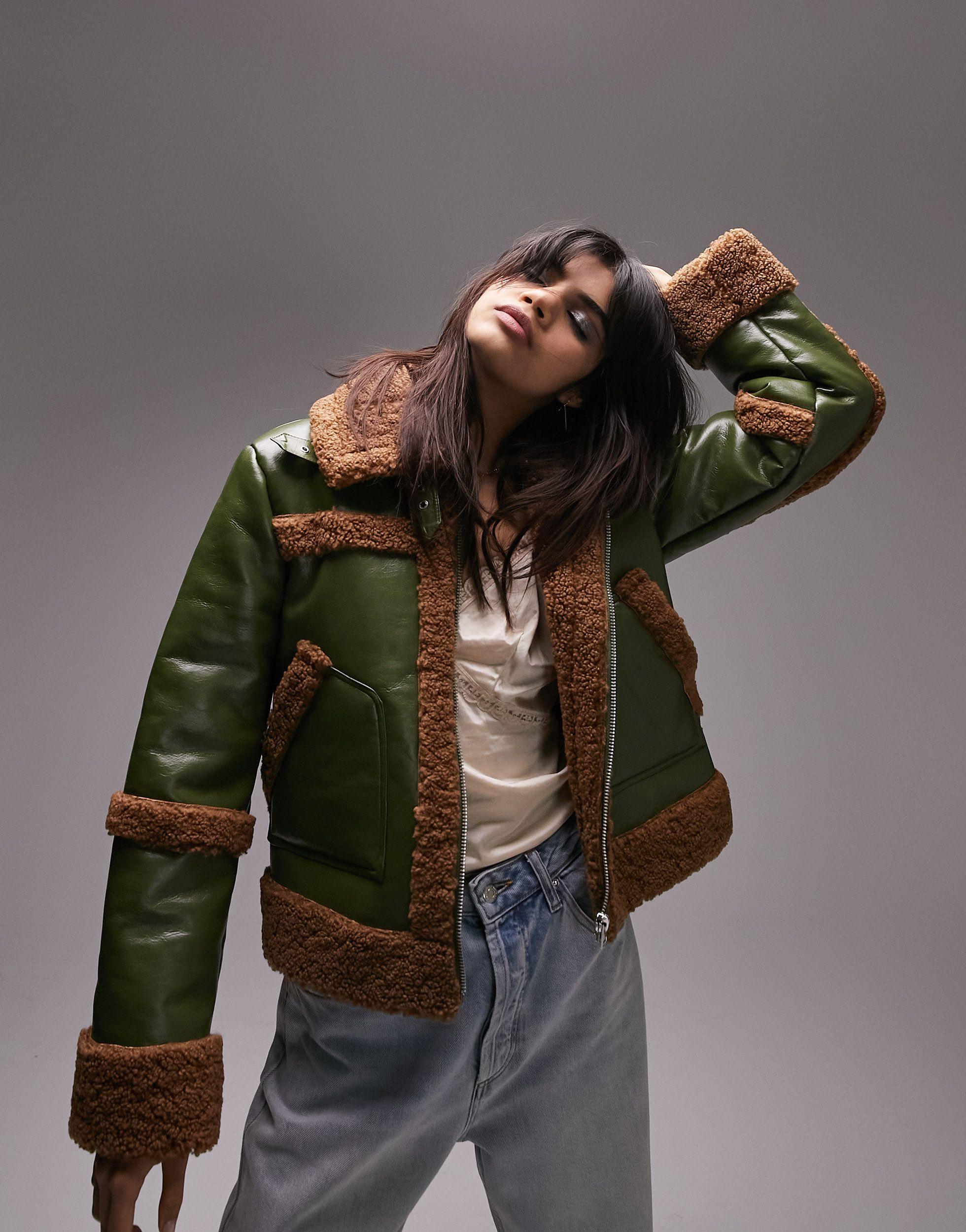 Seam Cropped Faux Shearling Moto Jacket in Brown Lyst