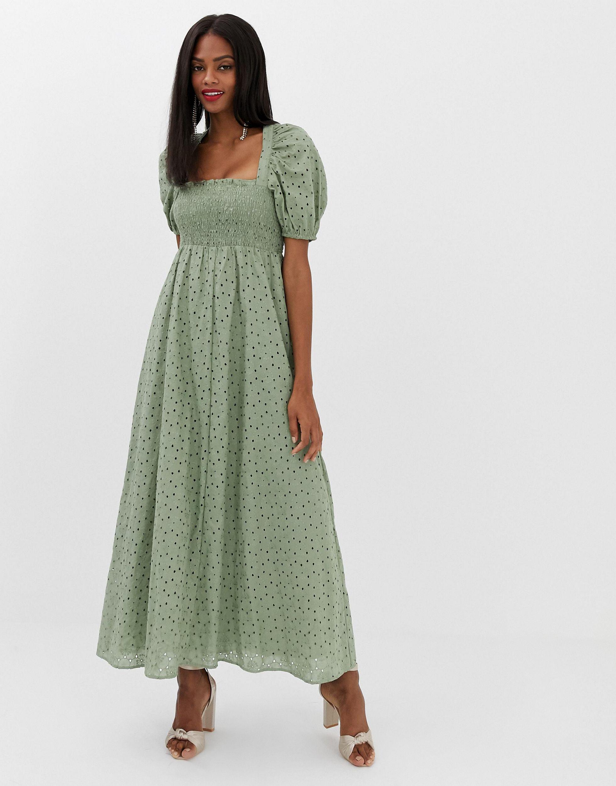 ASOS Shirred Bustier Maxi Dress With Puff Sleeve in Green | Lyst