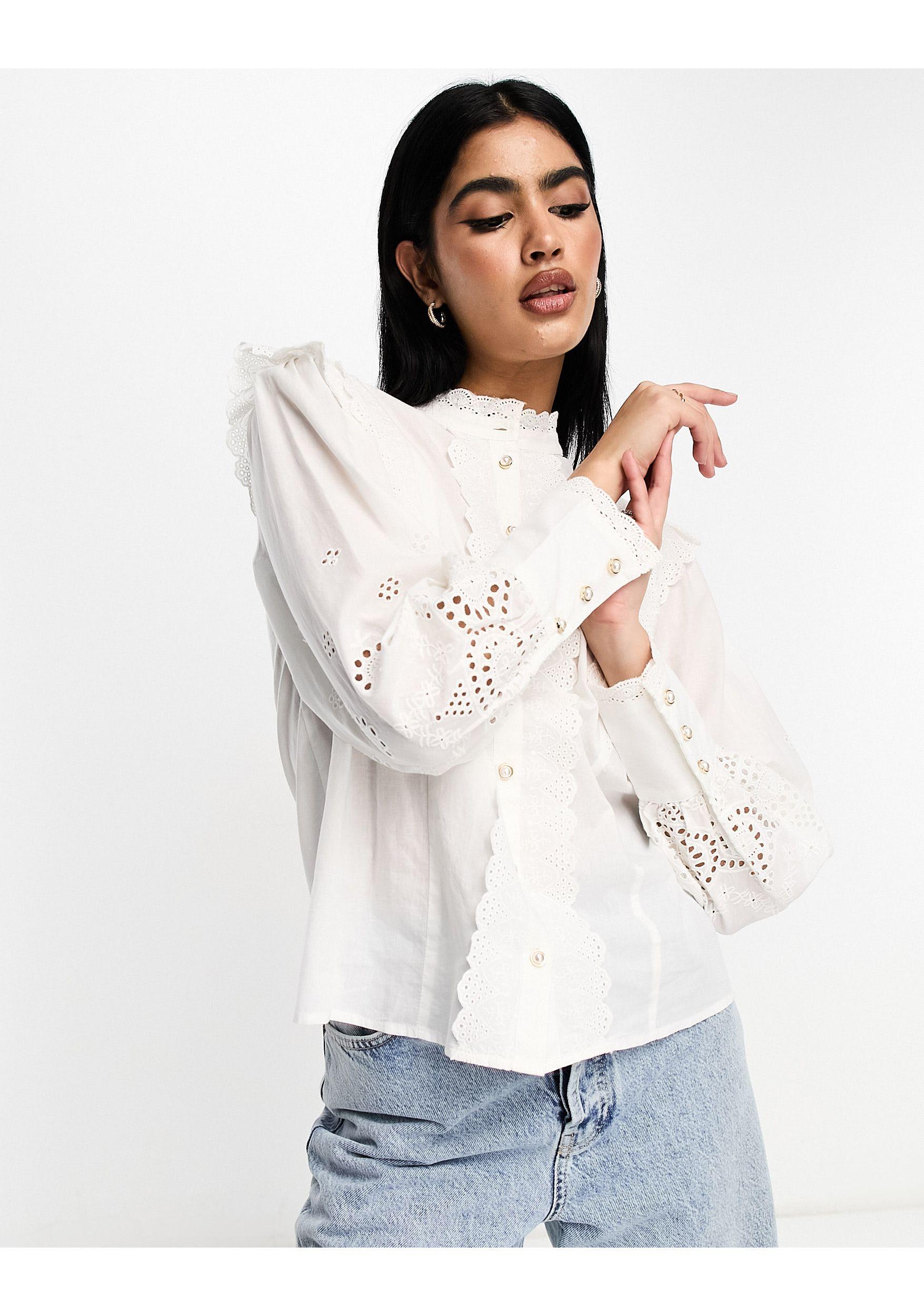 Vila Broderie High Neck Blouse With Frill Detail in White | Lyst