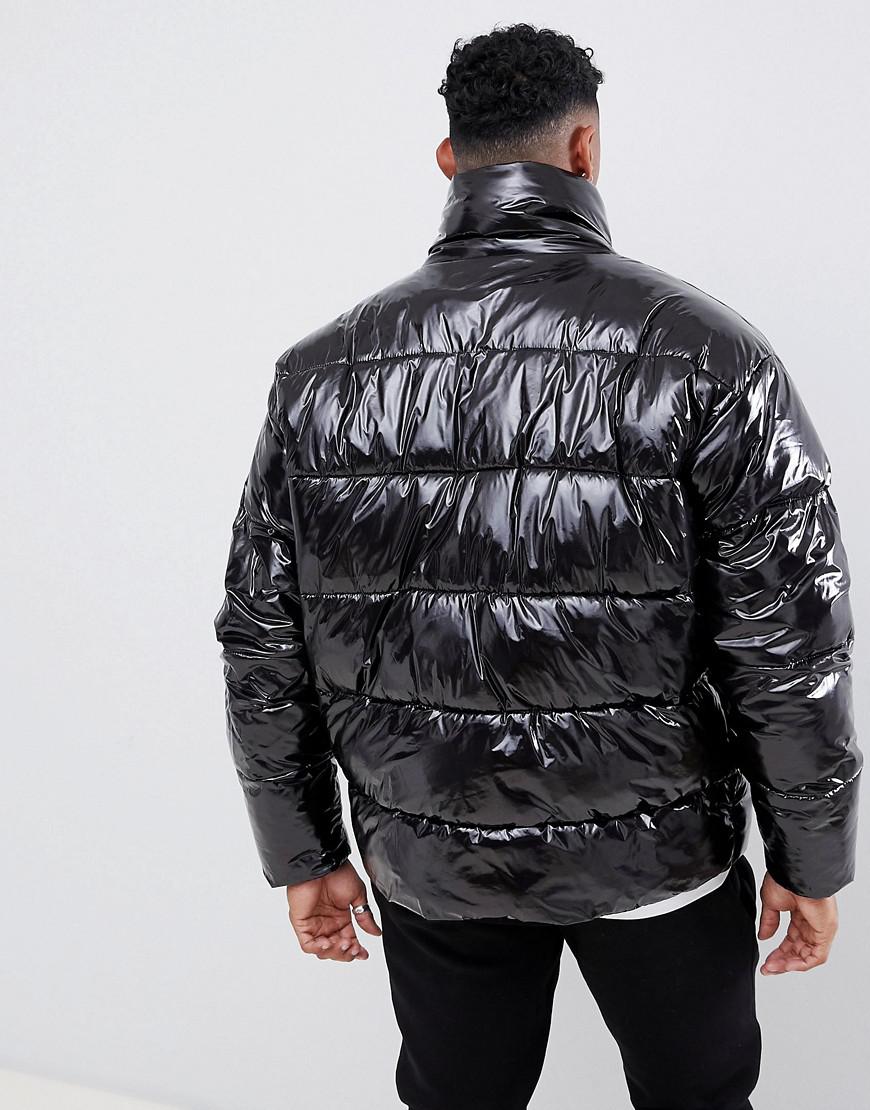 ASOS Cotton Puffer Jacket In High Shine Fabric With Check Lining in Black  for Men | Lyst