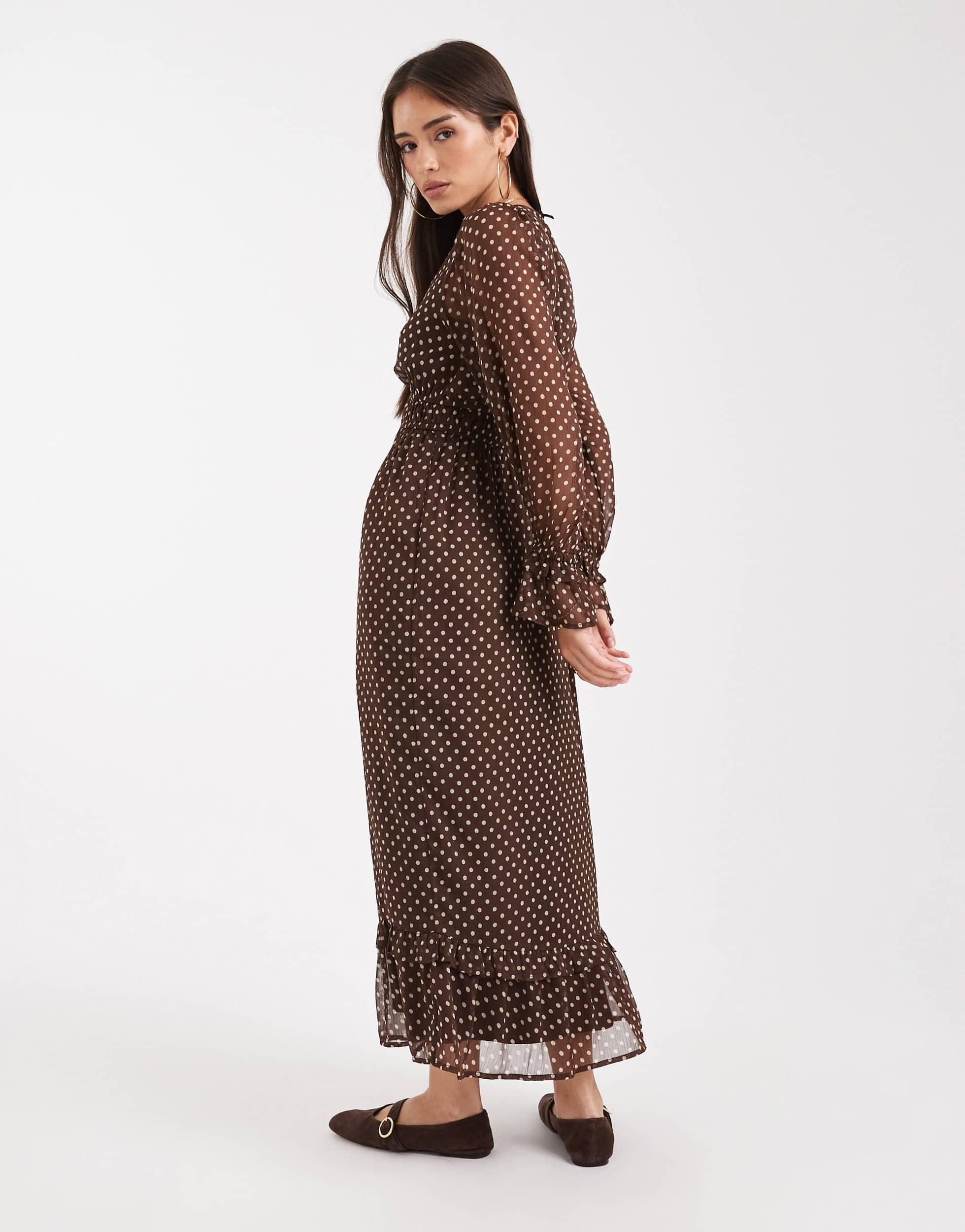 Wednesday's Girl V Neck Midaxi Polka Dot Dress in Brown Lyst