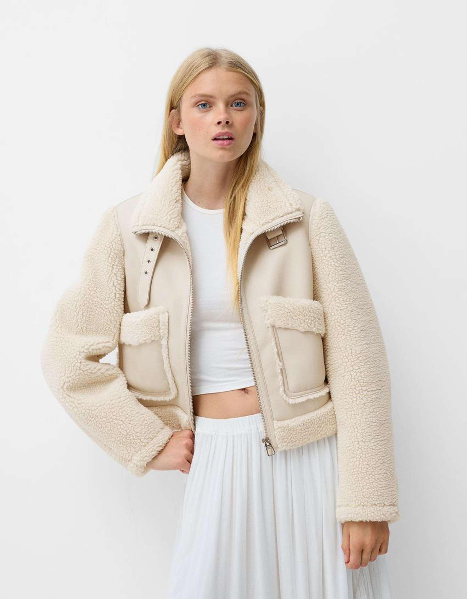 Bershka Shearling And Faux Leather Jacket in Natural Lyst Canada