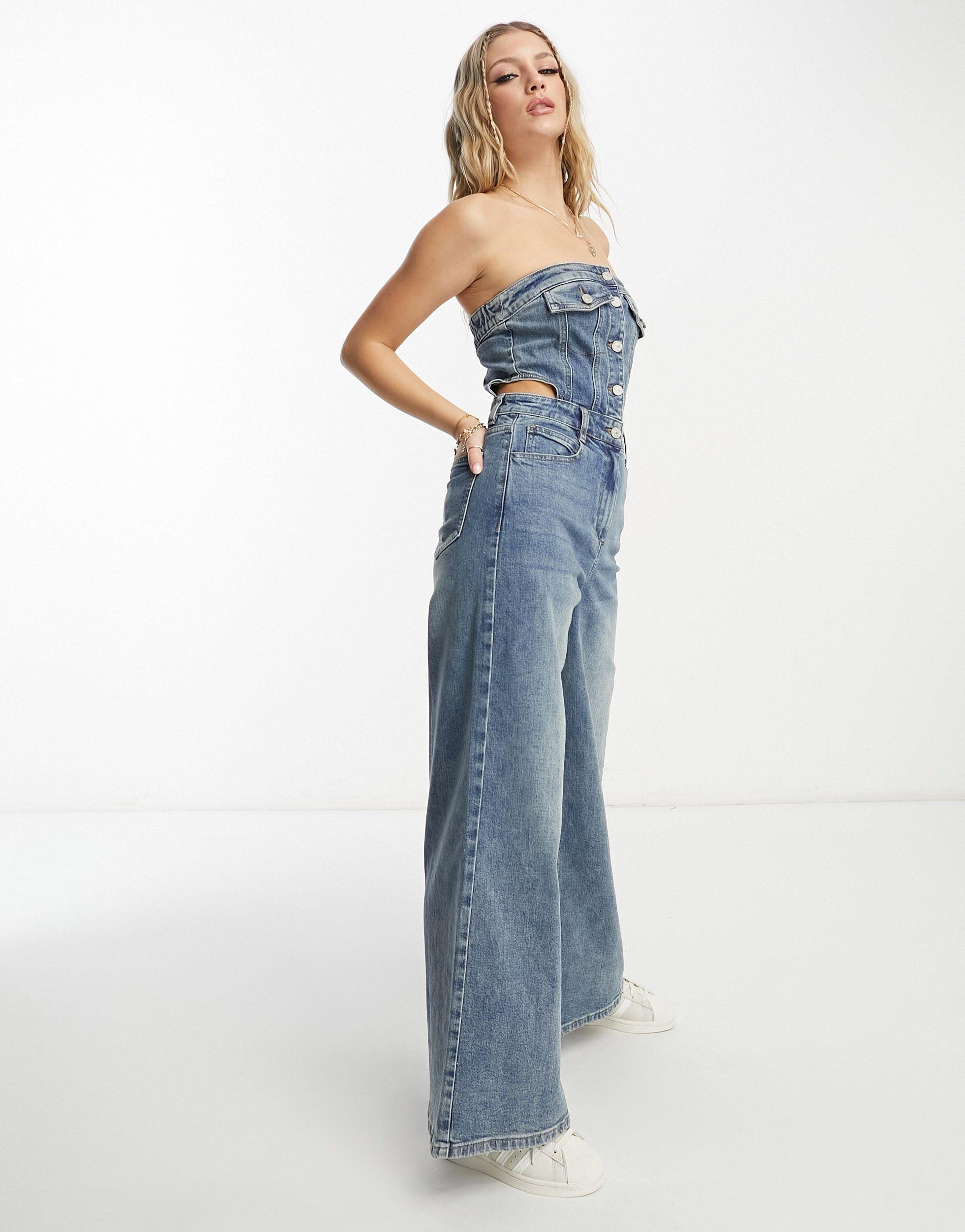 Urban Revivo Cut Out Bandeau Denim Jumpsuit in Blue | Lyst