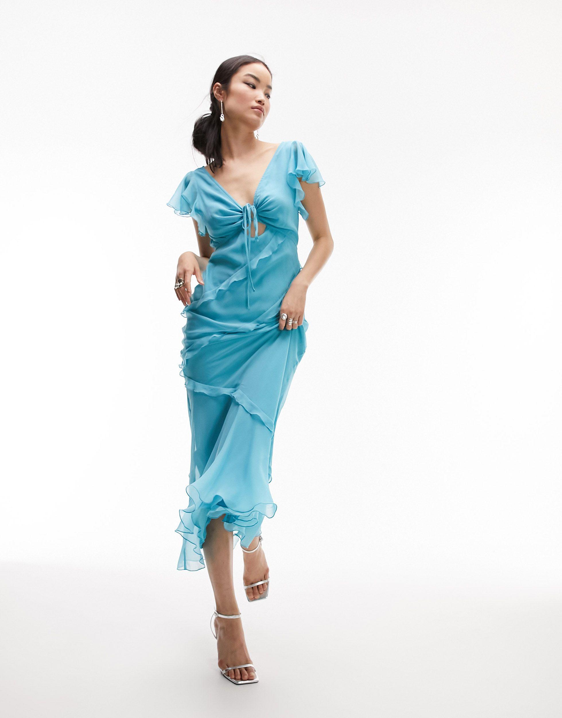 TOPSHOP V Neck Frill Detail Cami Maxi Dress in Blue | Lyst