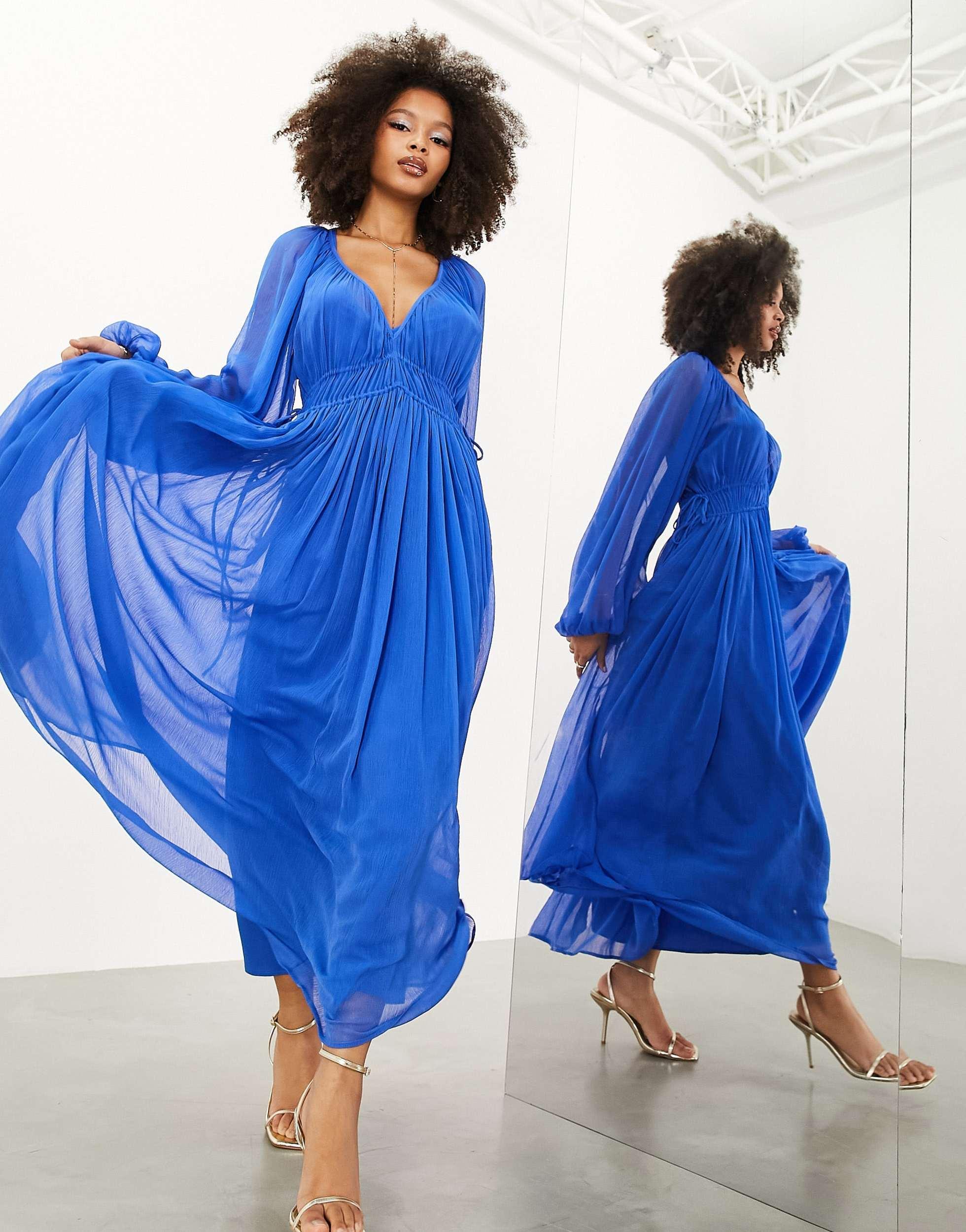 ASOS Ruched Gathered Waist Chiffon Maxi Dress in Blue Lyst Canada