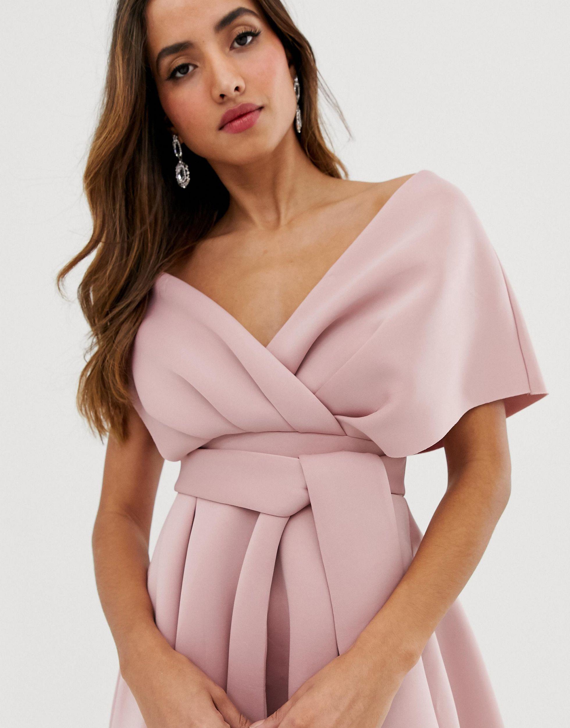 ASOS Synthetic Fallen Shoulder Midi Prom Dress With Tie Detail in Pink - Lyst