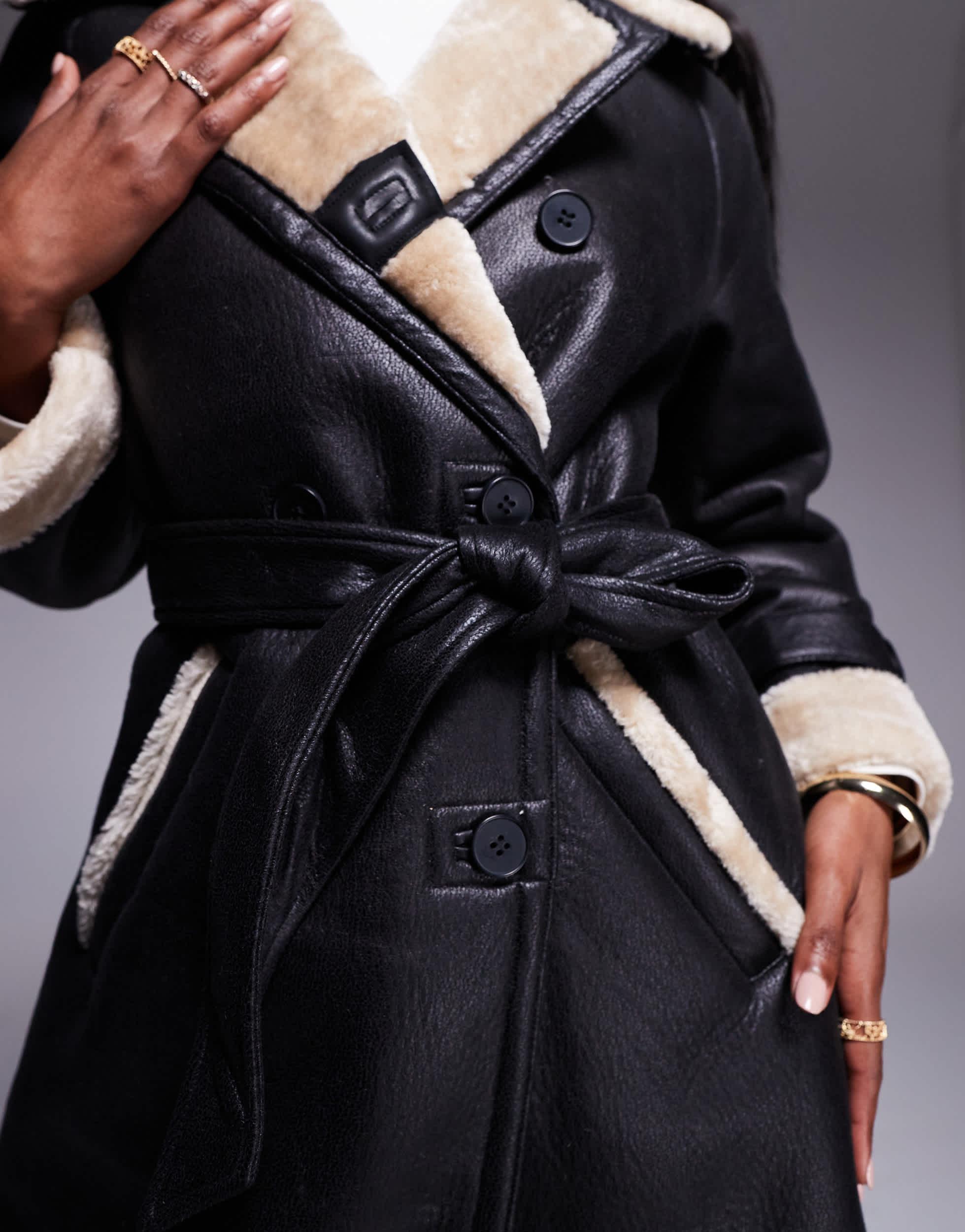 River Island Faux Leather Belted Trench With Shearling Detail in