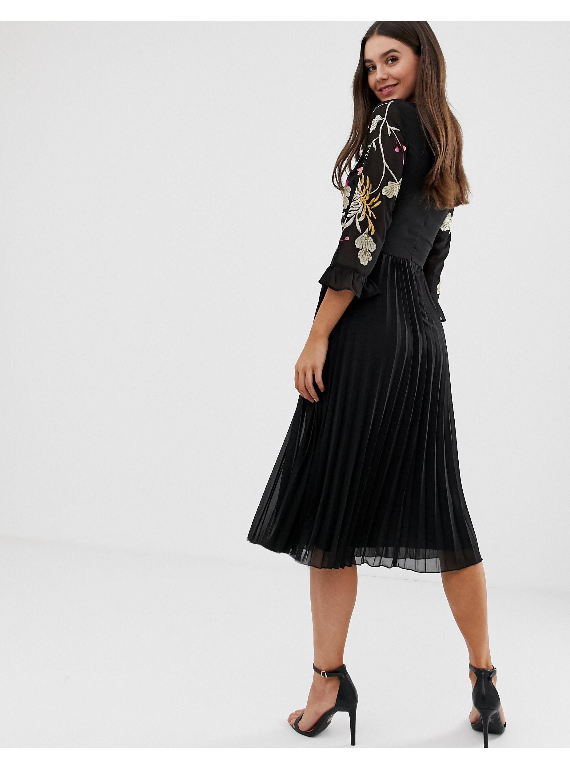 asos design embroidered pleated midi dress with fluted sleeve