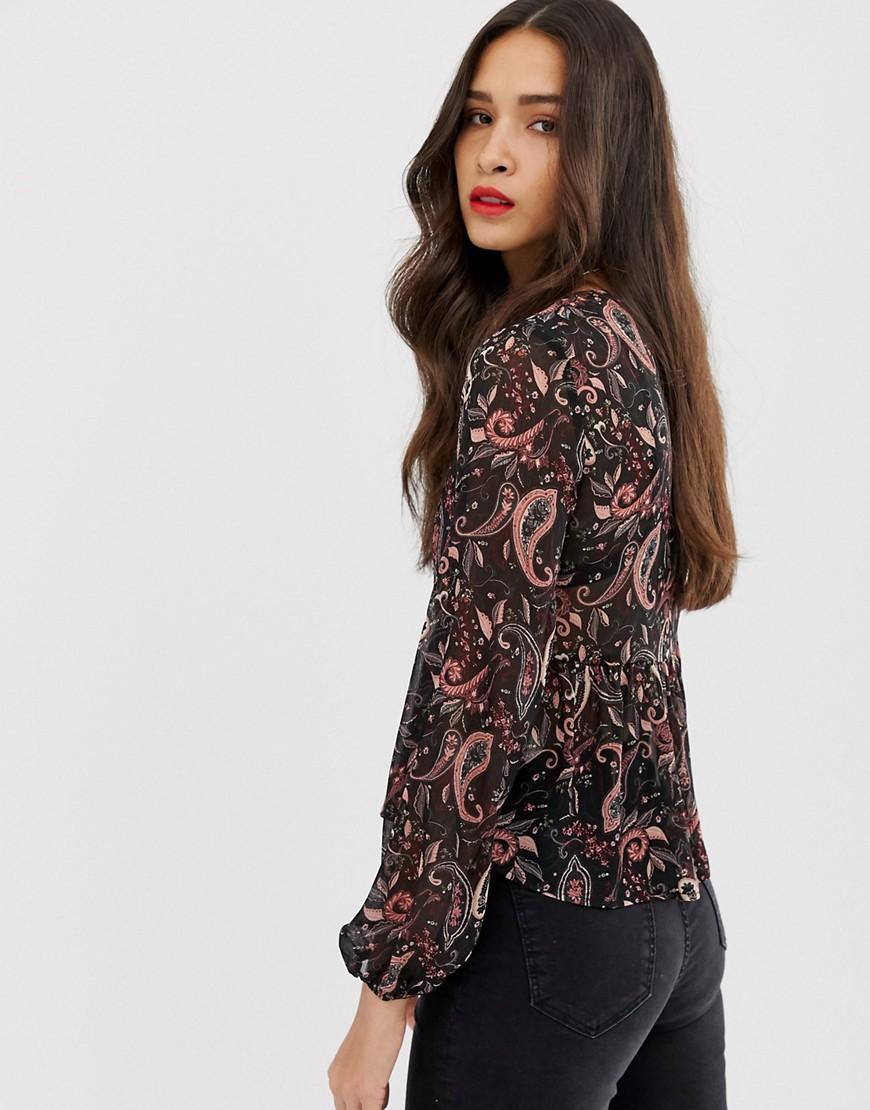 Blusa de manga larga y cuello en V con estampado de cachemir en
