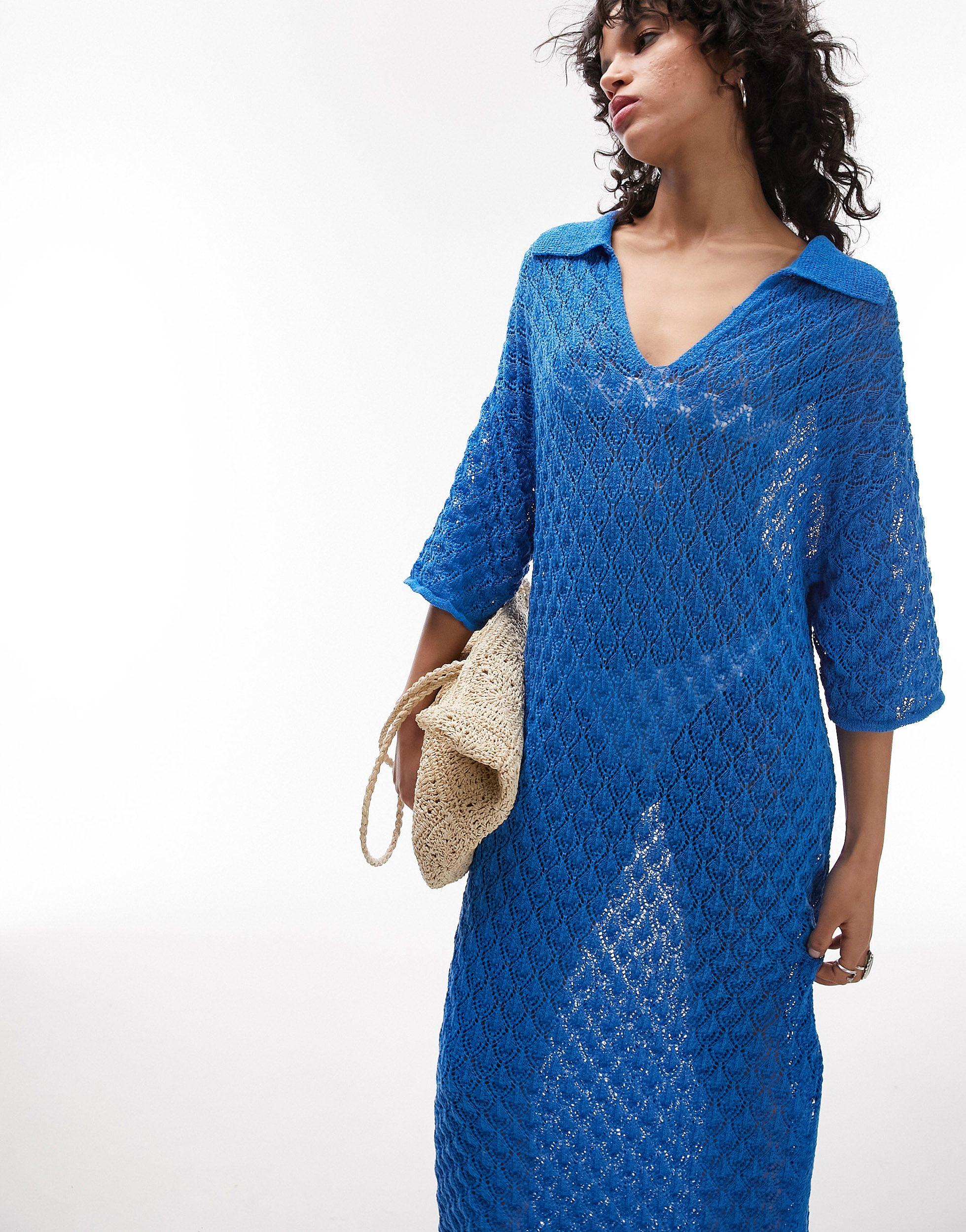 TOPSHOP Knit Stitchy Polo Maxi Dress in Blue | Lyst