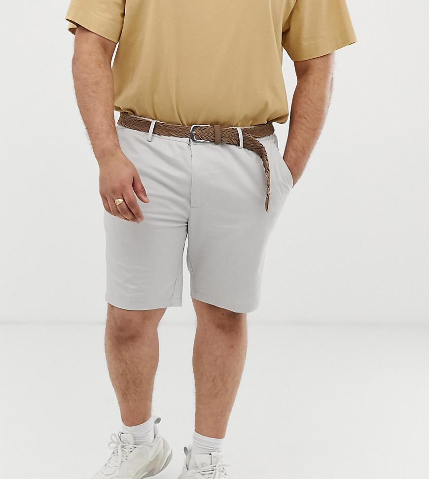 River Island Big & Tall Slim Fit Belted Chino Shorts In Light Grey in