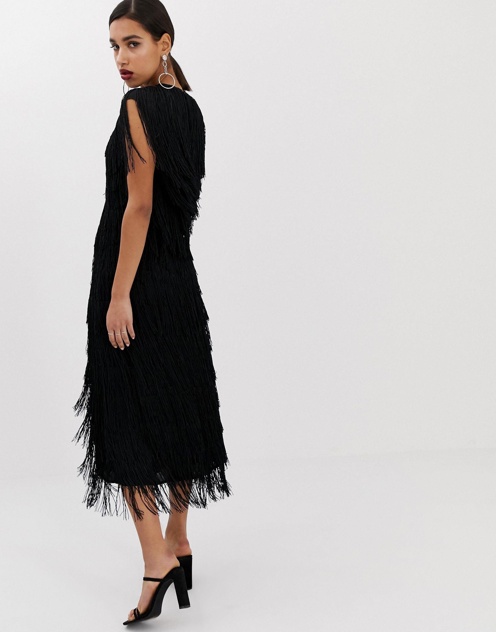 ASOS Fringe Column Midi Dress in Black | Lyst