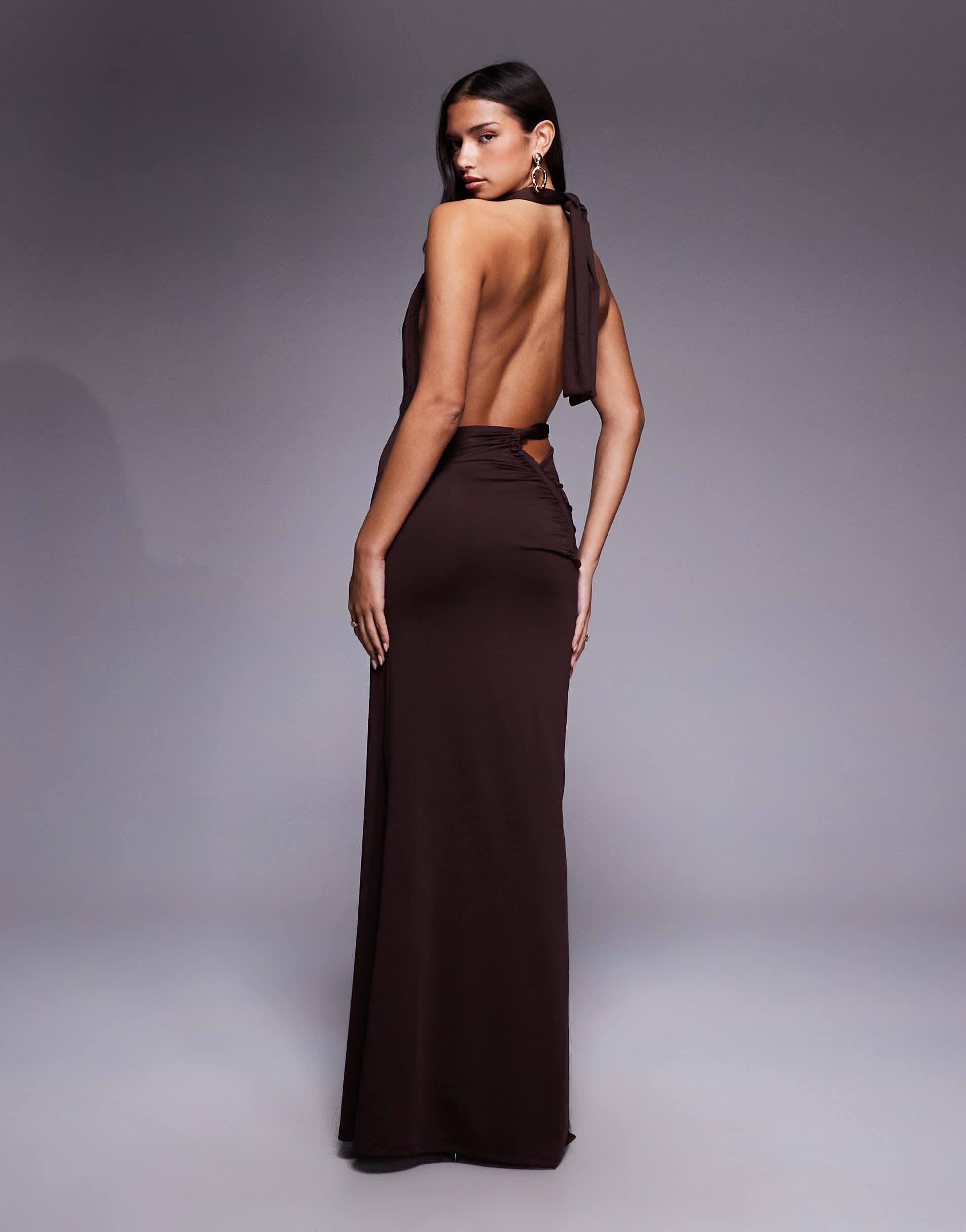 Aria Cove Double Layered Slinky Asymmetric Halterneck Low Twist Back Dress  Maxi Dress in Purple | Lyst