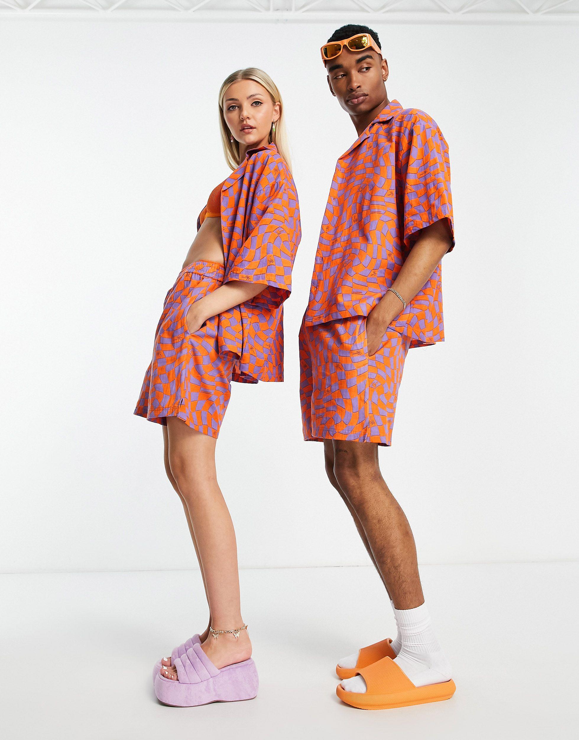Collusion Unisex Checkerboard Palm Print Beach Short Co Ord in Red | Lyst UK
