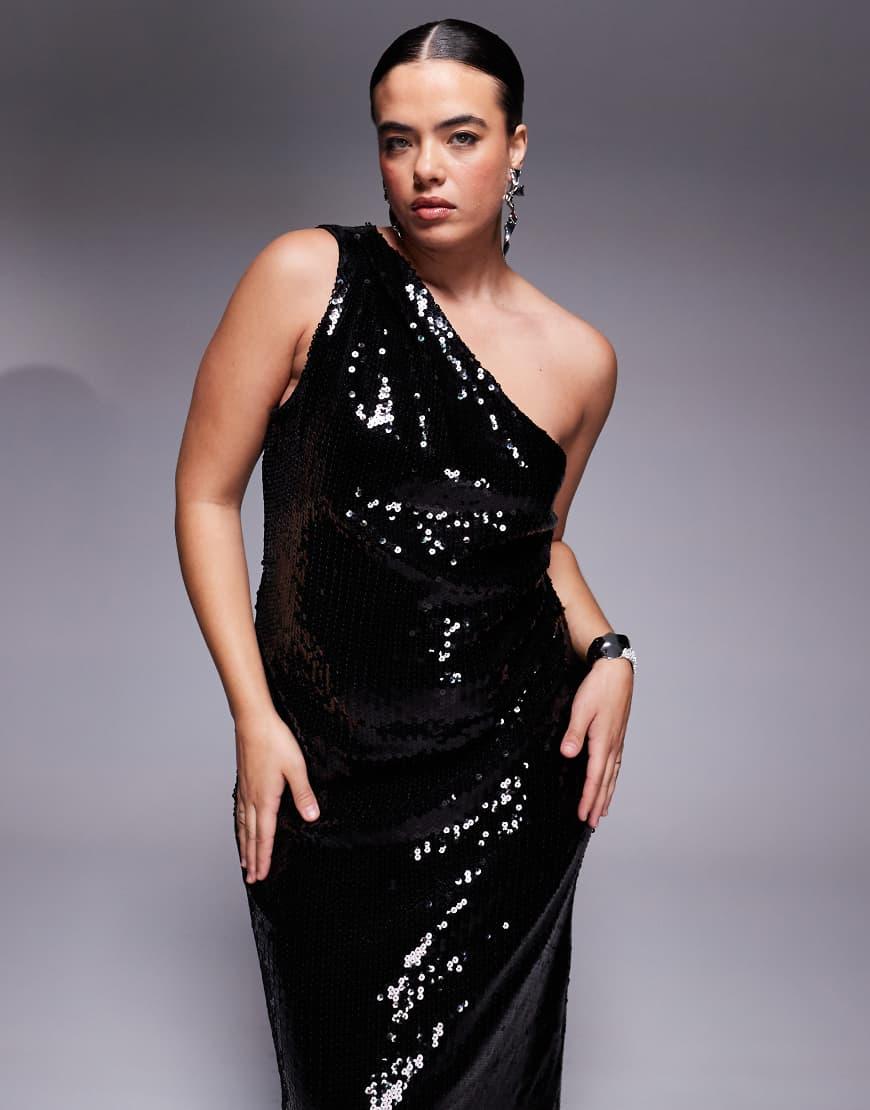 ASOS Asos Design Curve Sheer Sequin One Shoulder Midi Dress in