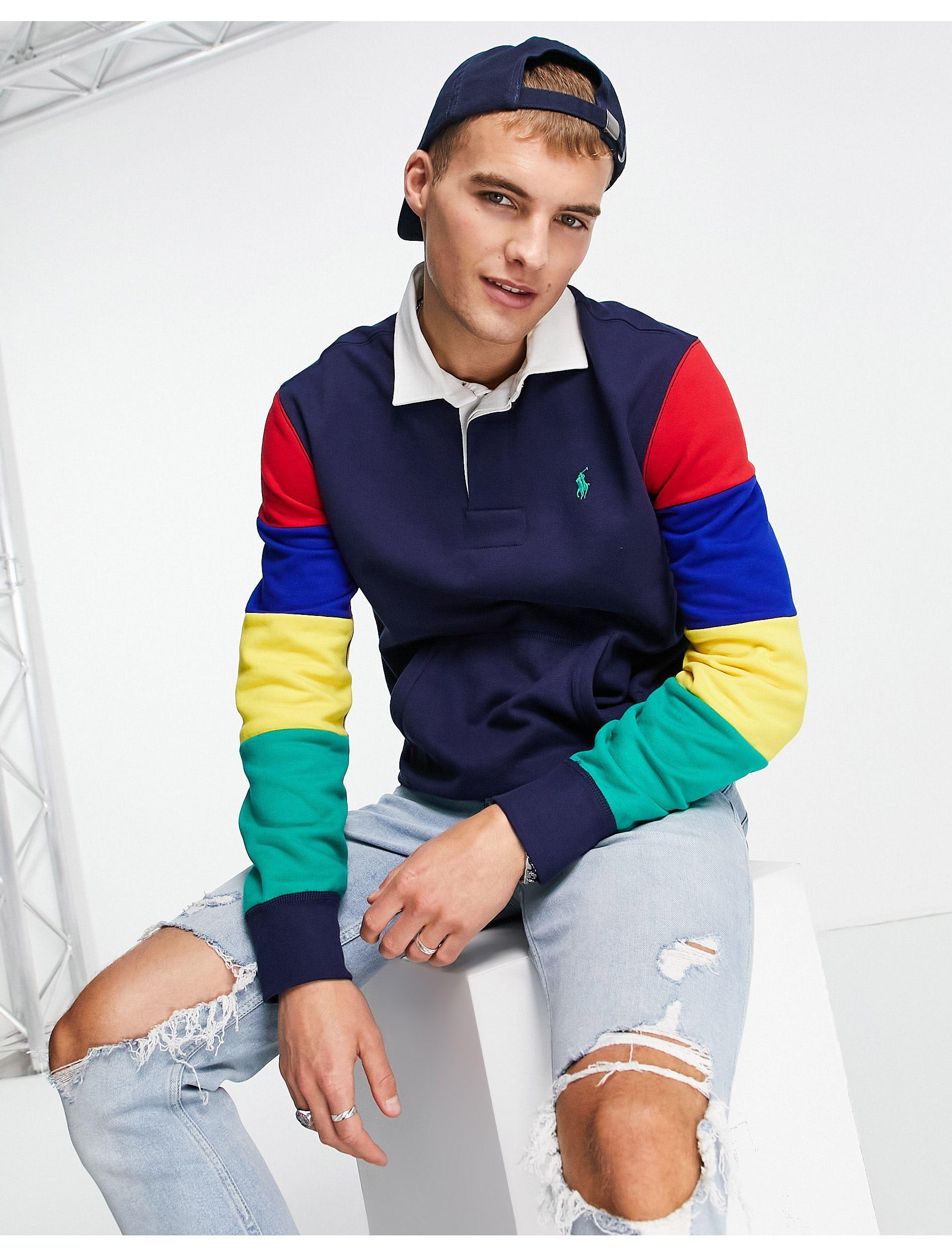 Polo Ralph Lauren Contrast Collar Rainbow Sleeve Colourblock Sweat Rugby  Polo in Blue for Men | Lyst