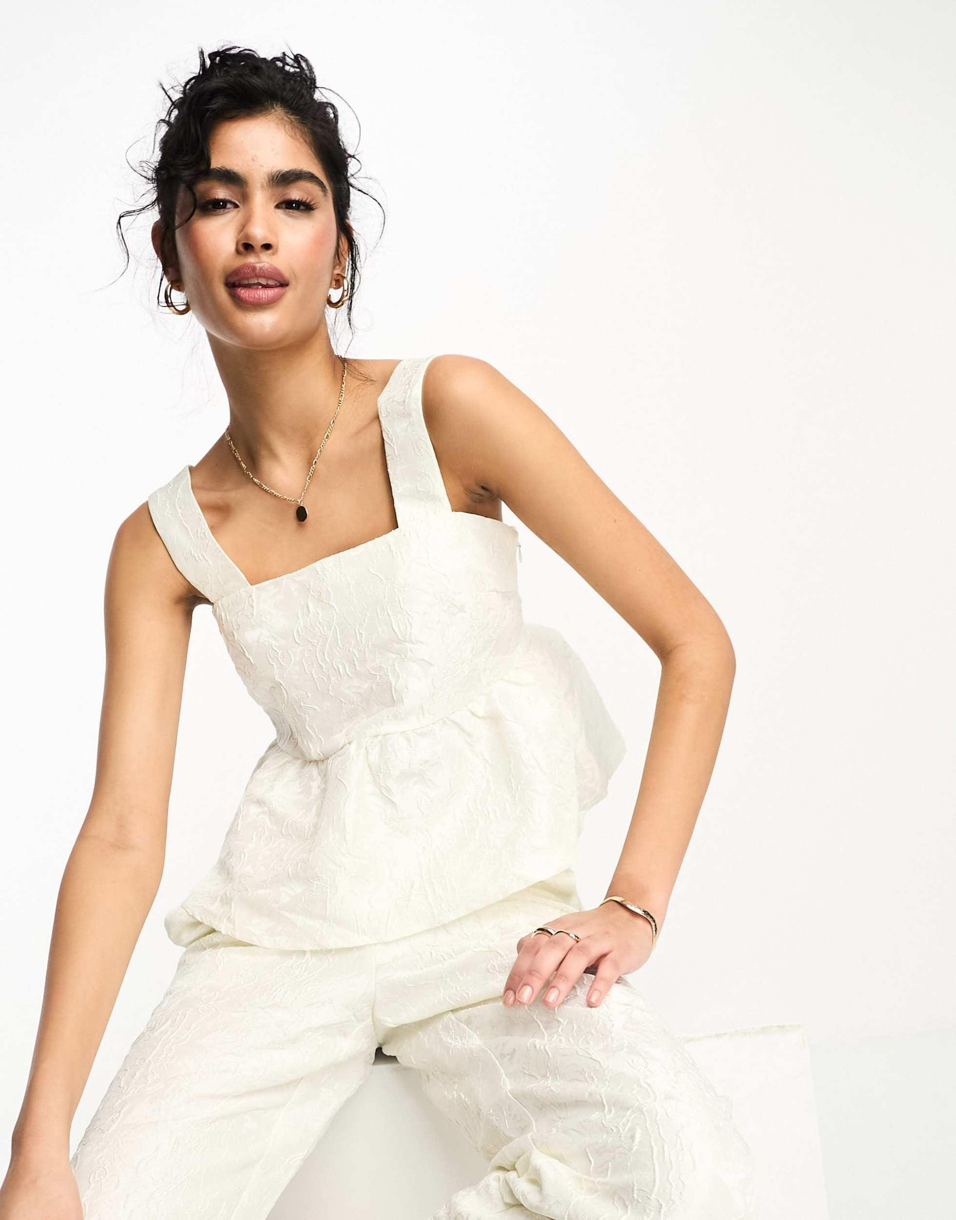 Y.A.S Y.a.s Bridal Jacquard Peplum Top Co-ord in White Y.A.S Y.a.s Bridal Jacquard Peplum Top Co-ord in White