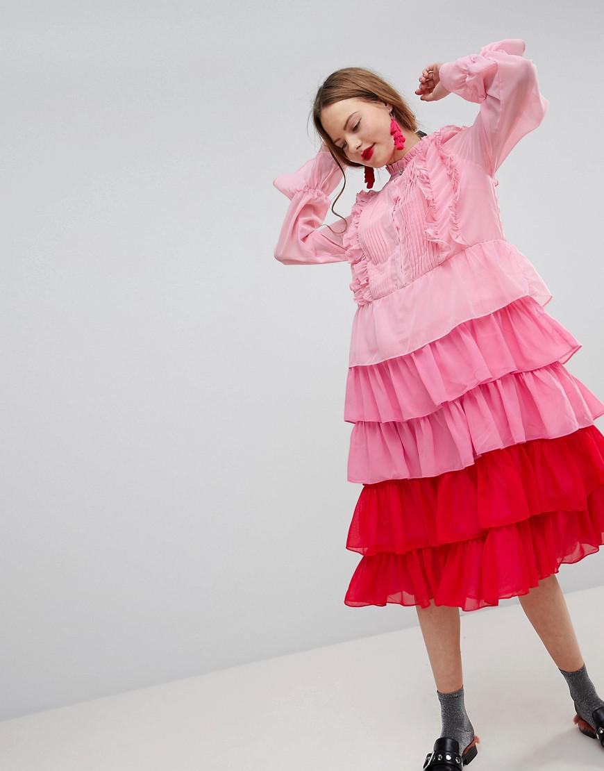 Sister Jane Tiered Midi Dress With Ruffle Front In Ombre in Pink 
