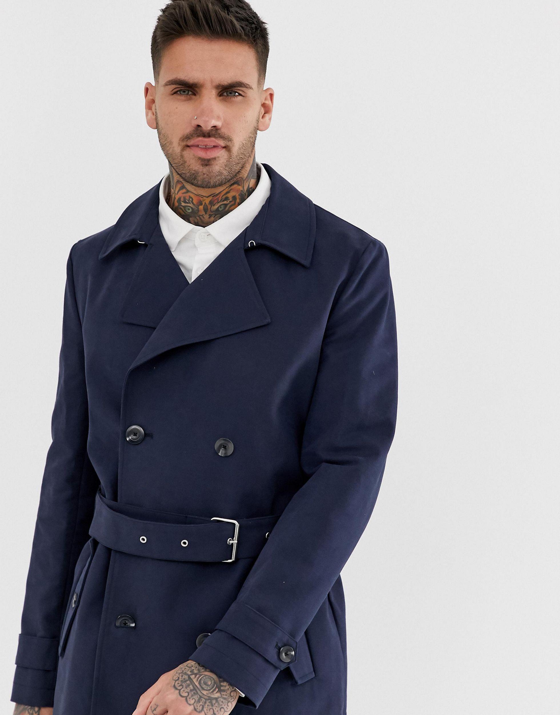 ASOS Shower Resistant Double Breasted Trench Coat in Blue for Men | Lyst