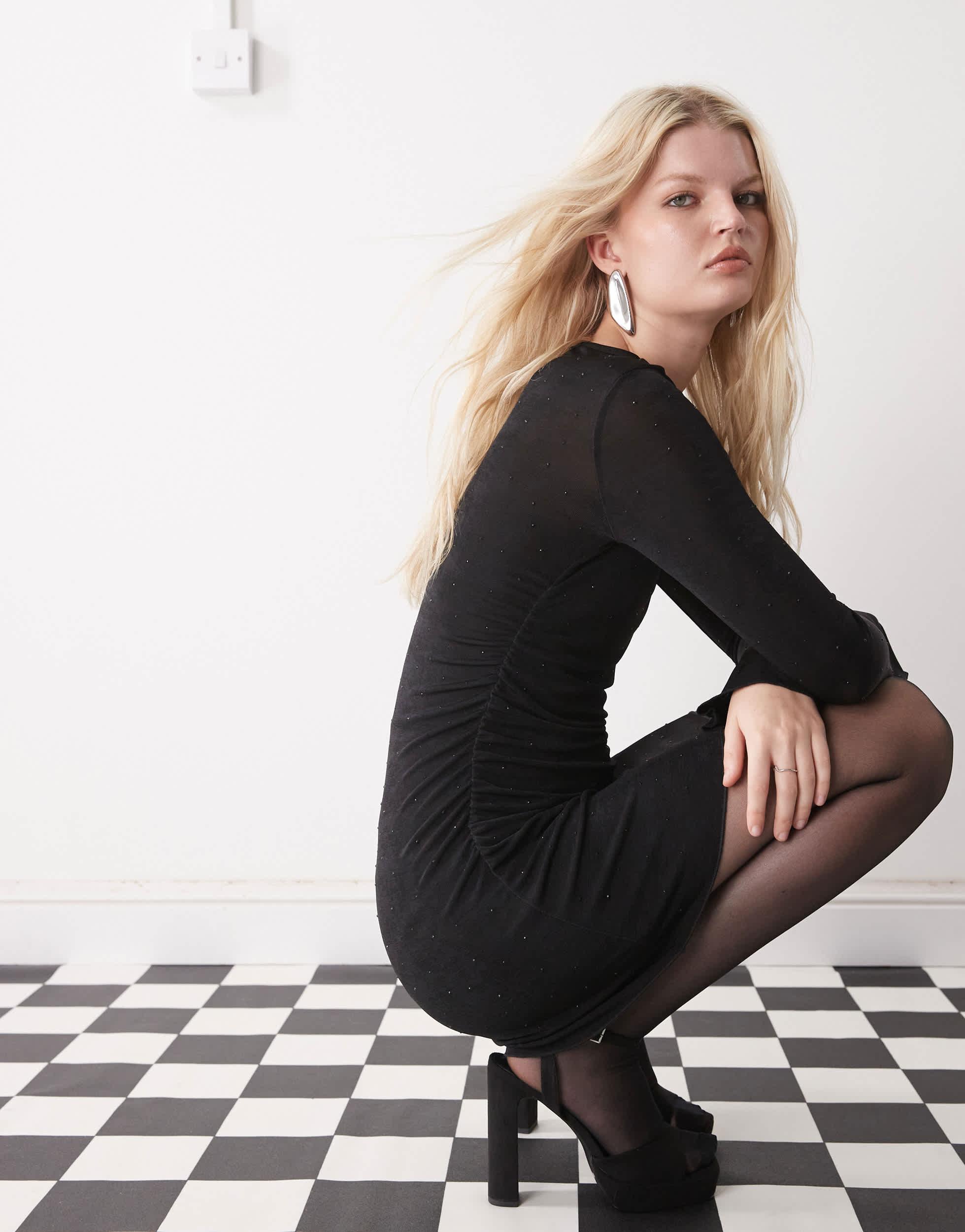 Monki Long Sleeve Mesh Rhinestone Mini Dress in Black | Lyst Monki Long Sleeve Mesh Rhinestone Mini Dress in Black | Lyst