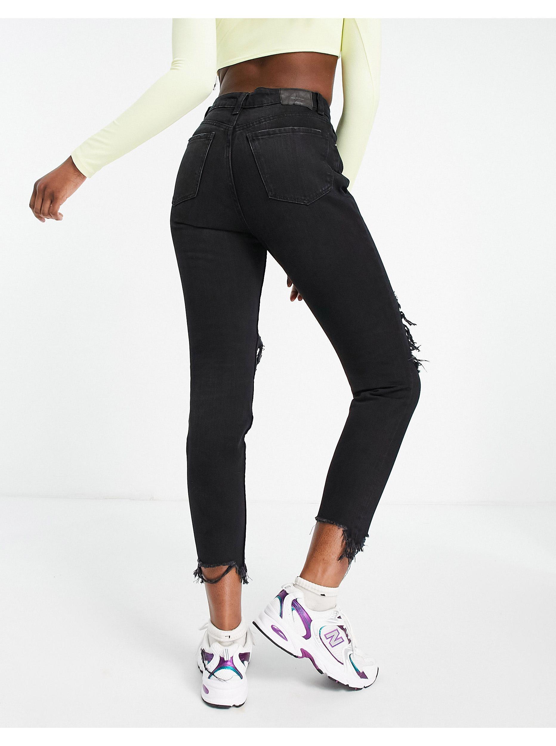 Bershka Tall Organic Cotton Mom Jeans With Rips And Distressed Hem in Black  - Save 30% | Lyst