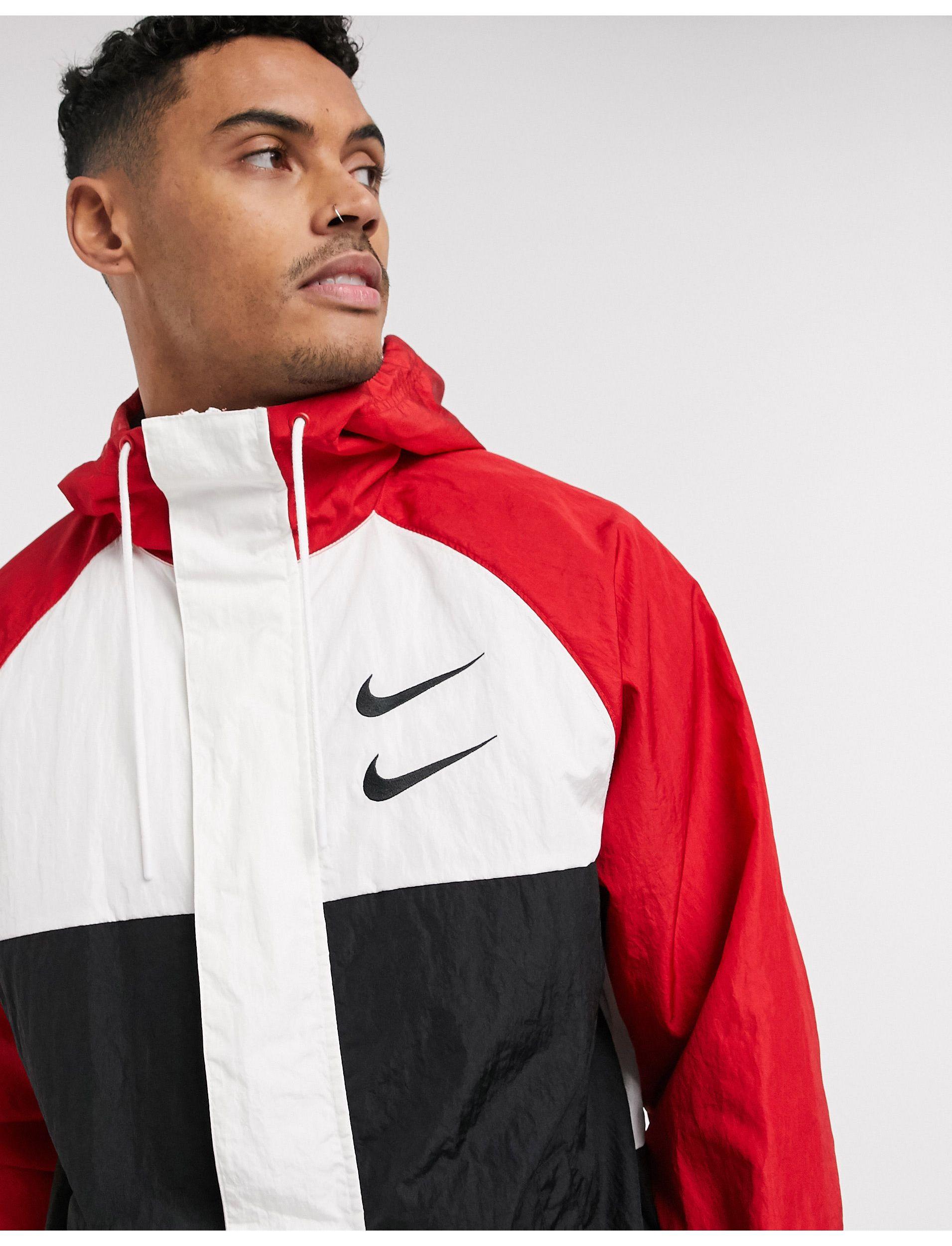 Nike Synthetic Swoosh Colourblock Zip-through Woven Hooded Jacket in Black  (Red) for Men | Lyst