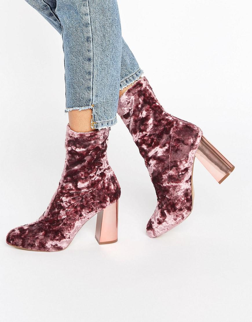 Missguided Velvet Blocked Heeled Sock Boots in Pink | Lyst
