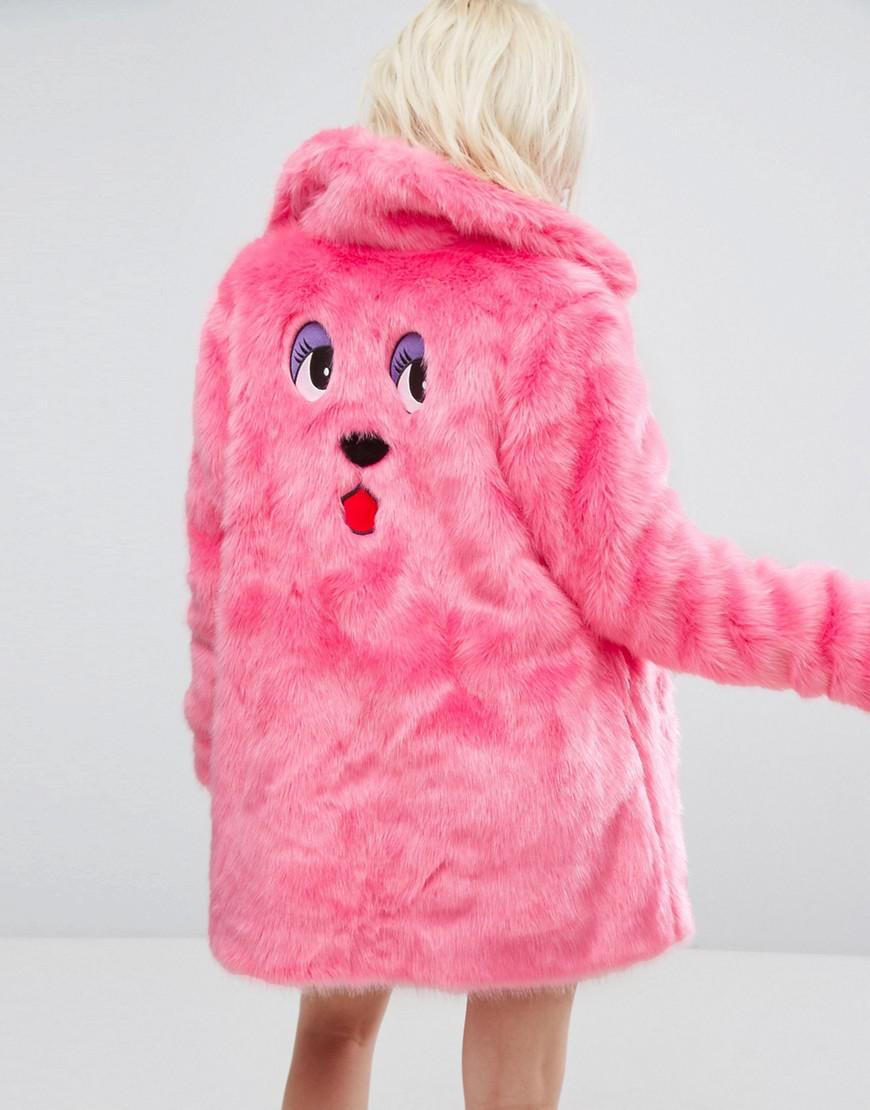 Lazy Oaf Oversized Faux Fur Coat Coat With Bear Embroidery in Pink | Lyst