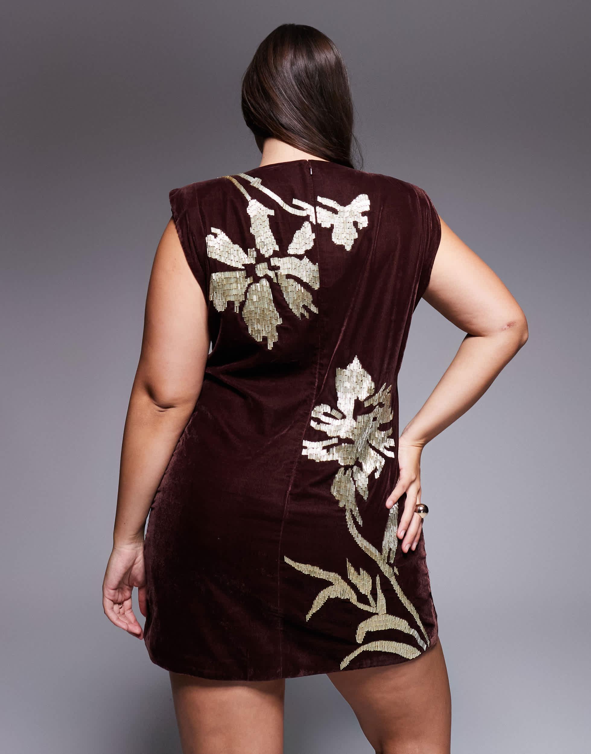 ASOS Asos Design Curve Velvet Shoulder Pad Mini Dress With Floral