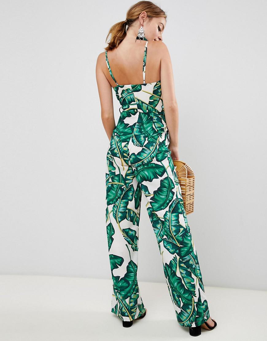 Missguided Exclusive Petite Palm Print Wide Leg Jumpsuit in Green | Lyst