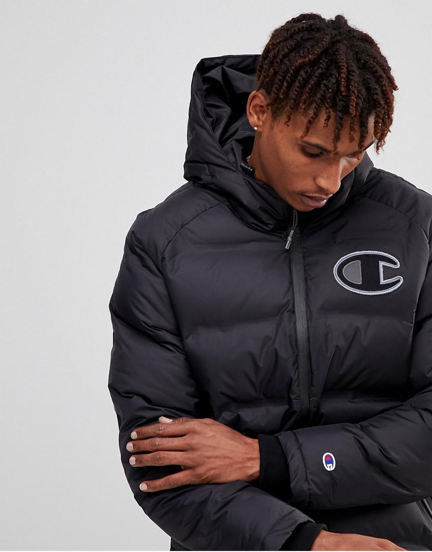 Champion Long Puffer Jacket With Logo in Black for Men - Lyst