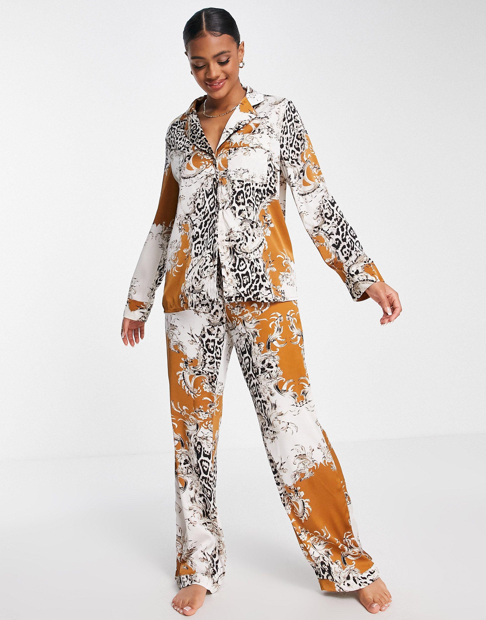 Missguided Contrast Leopard Print Satin Pyjama Set in Orange | Lyst