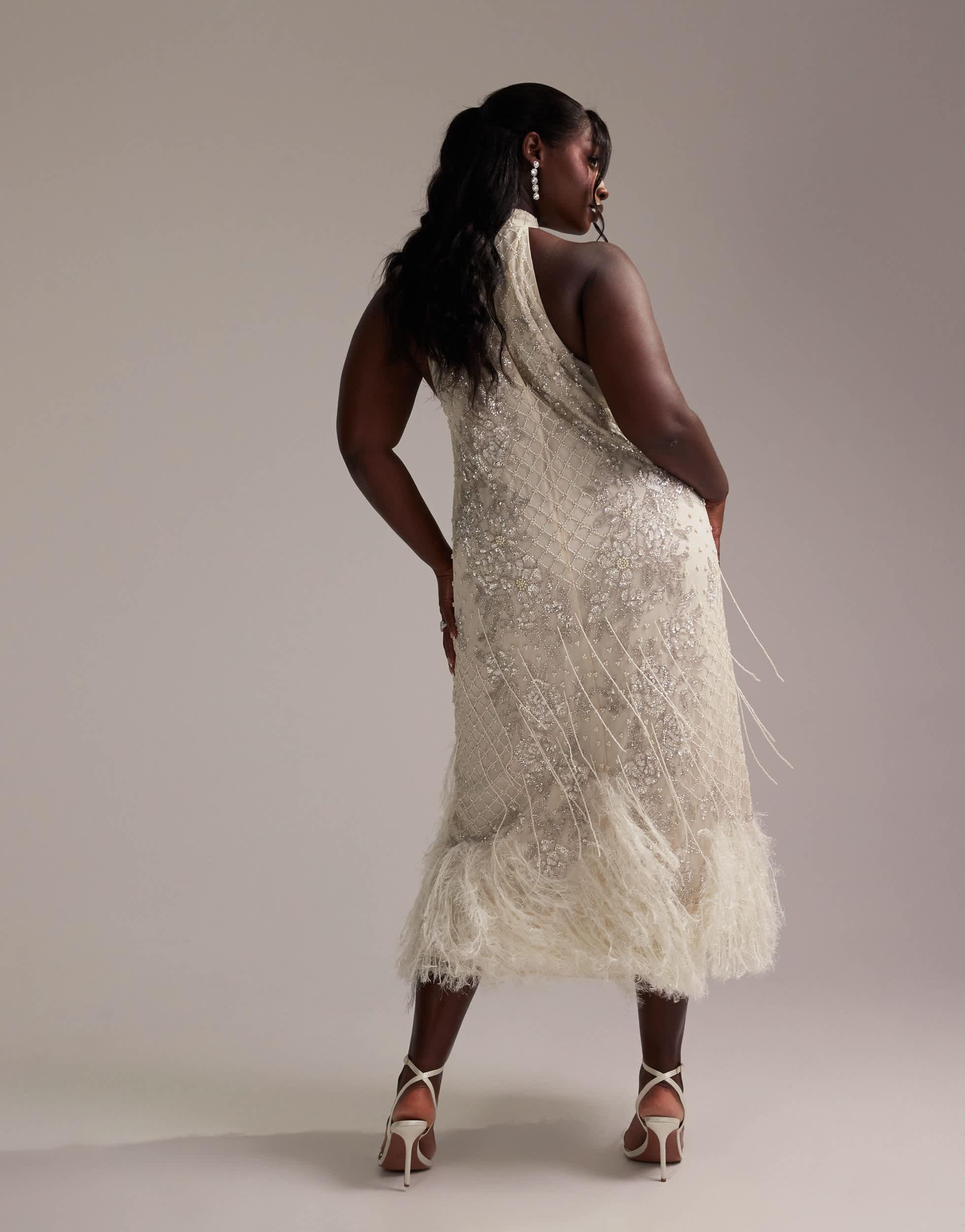 ASOS Asos Design Curve Floral Embellished Halter Maxi Wedding Dress With  Fringe Hem-white in Natural | Lyst