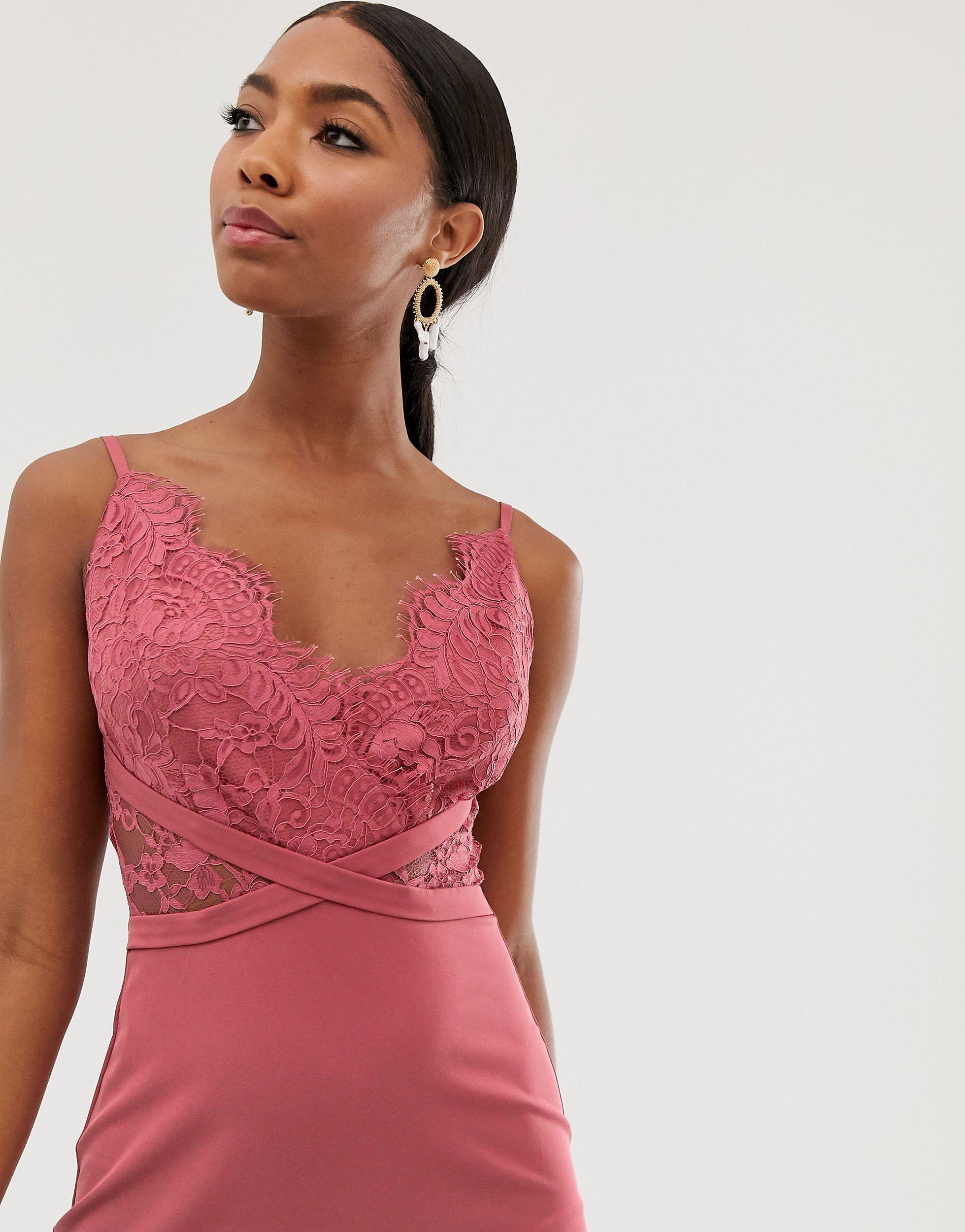 Little Mistress Lace Top Fishtail Maxi Dress In Dark Coral in Pink | Lyst