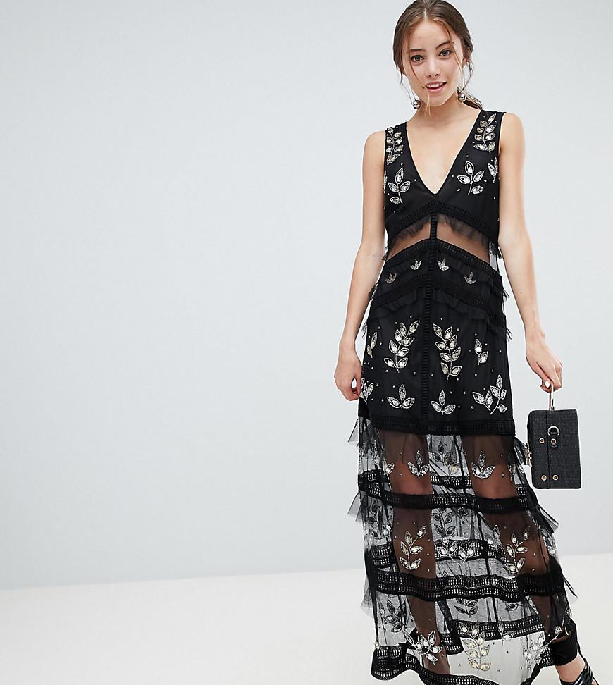 Miss Selfridge Tiered Maxi Dress With Lace Detail In Black - Lyst