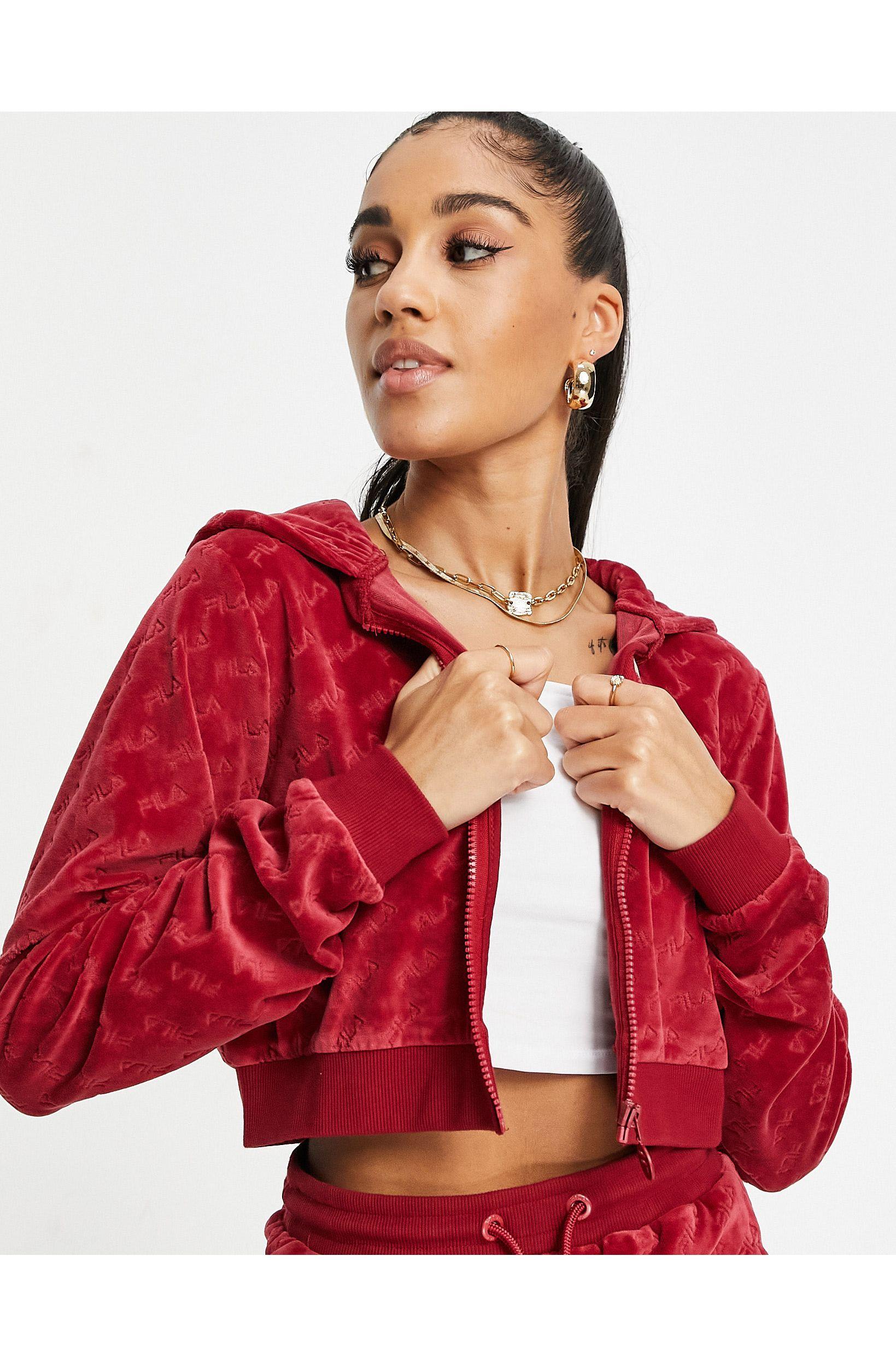 red cropped zip up jacket