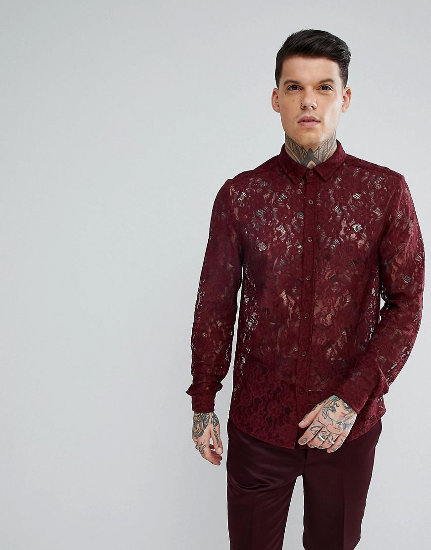 ASOS Design Regular Fit Lace Shirt In Burgundy in Red for Men | Lyst Canada