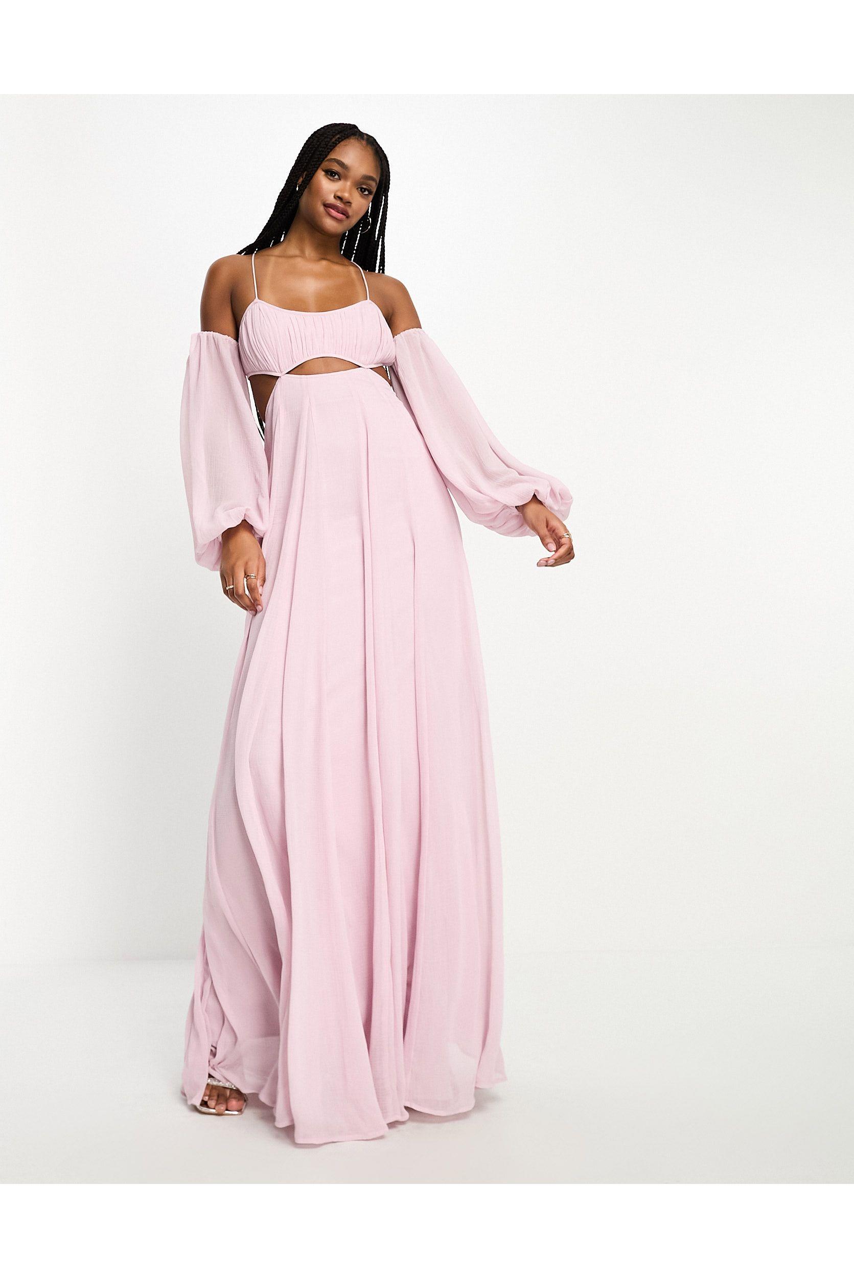 ASOS Asos Design Tall Ruched Bust Off Shoulder Cut Out Babydoll Maxi Dress  in Pink | Lyst
