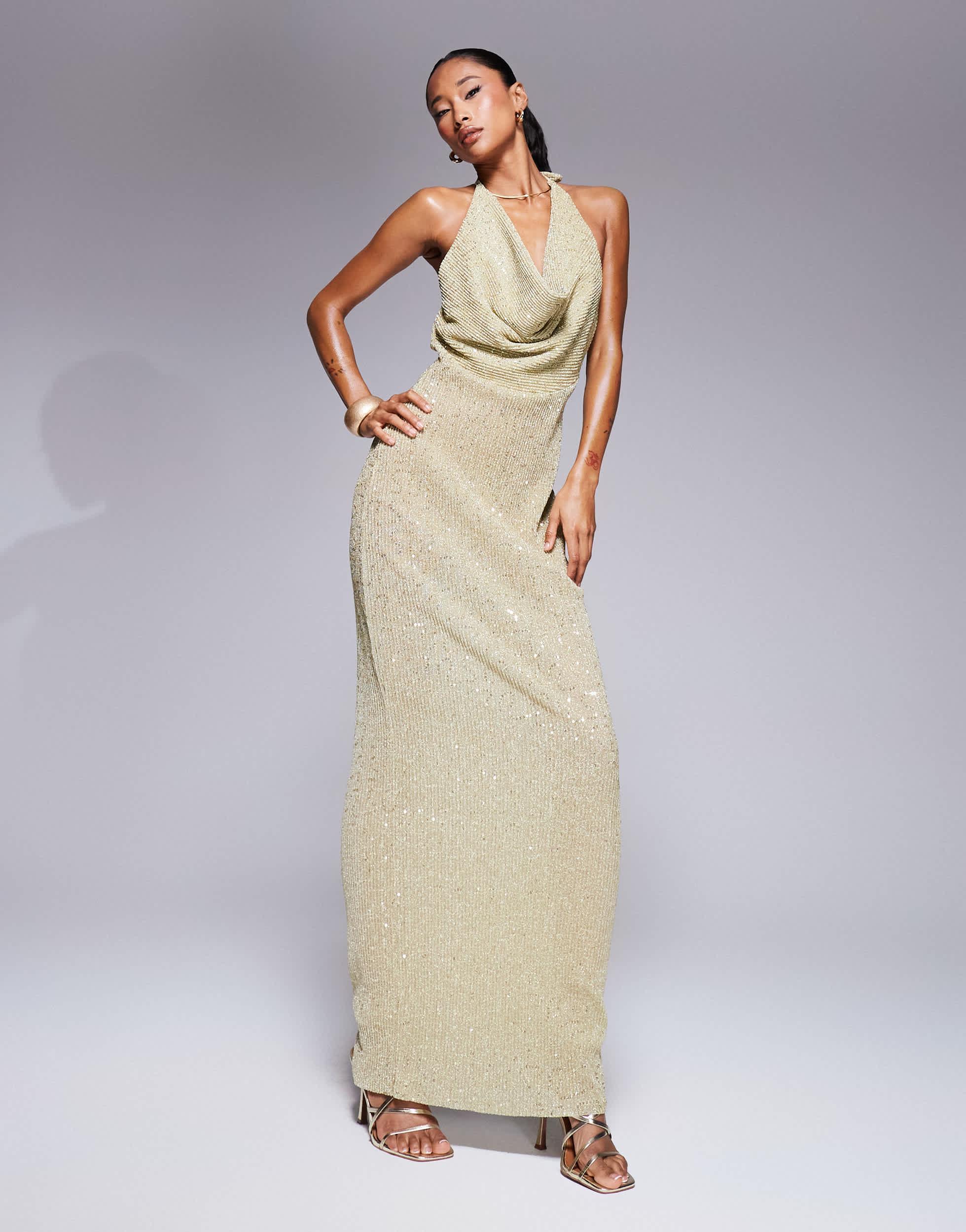 asos gold slip dress Long-Sleeve Beaded Long Formal Dress main image 0