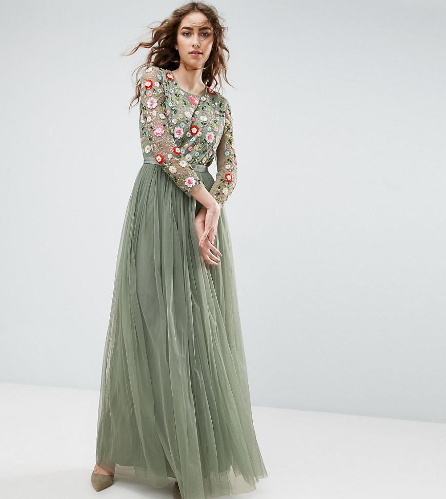 Needle & Thread Needle And Thread Long Sleeve Embroidered Maxi Dress in  Green | Lyst