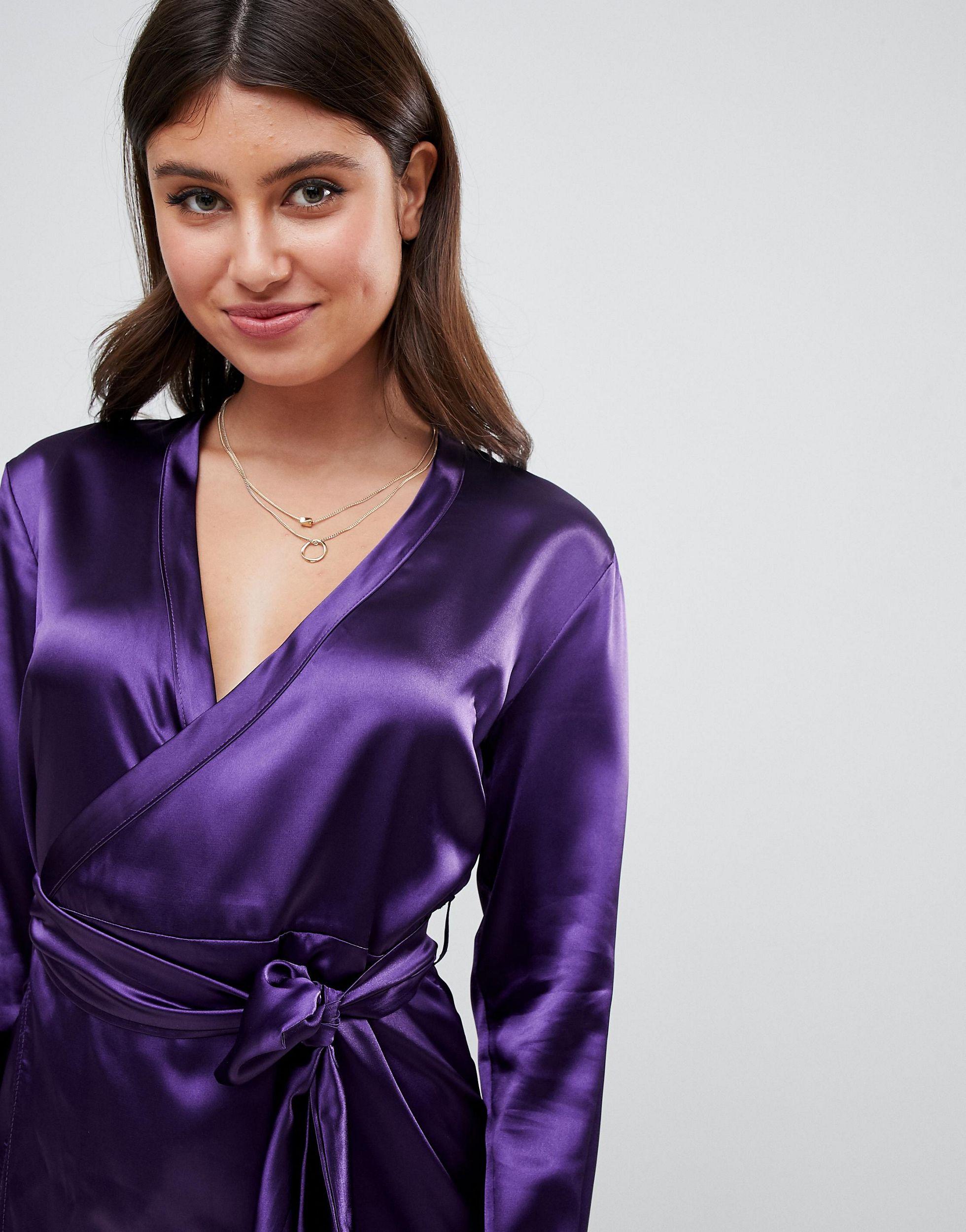 Boohoo Satin Wrap Long Sleeve Mini Dress In Purple | Lyst